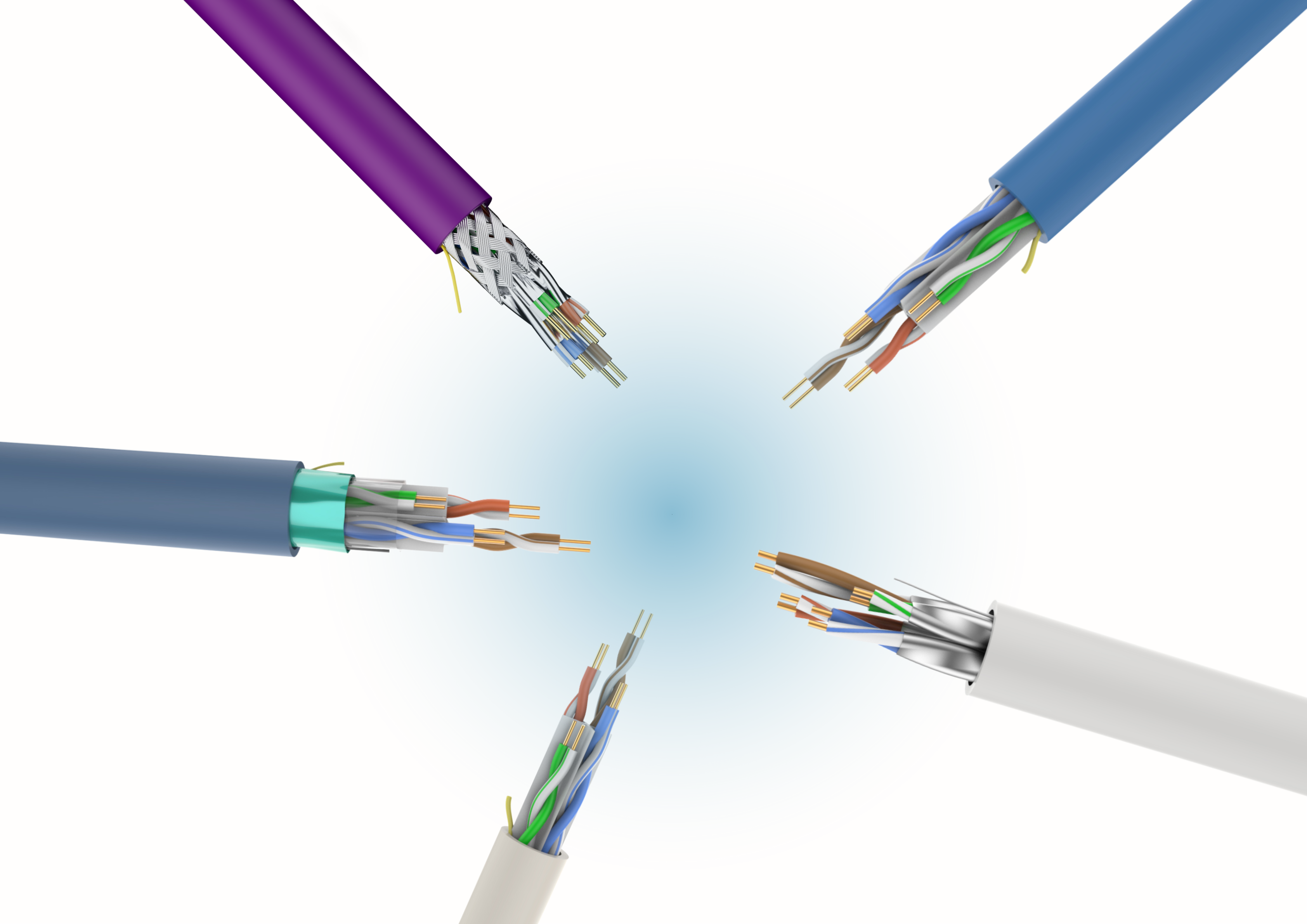 Top view of five types of Ethernet cables with exposed internal wiring and shielding, arranged in a circular pattern.