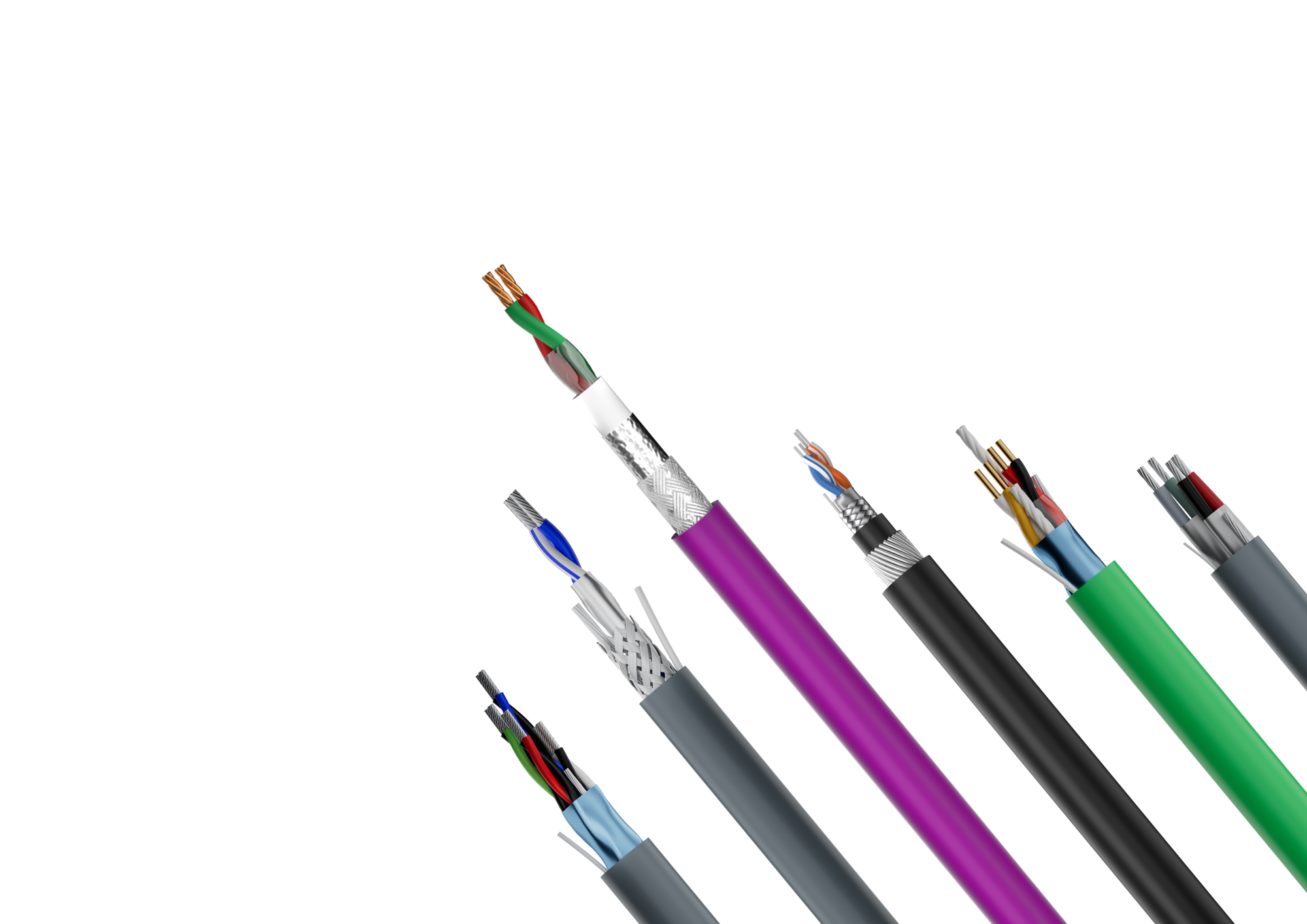 A lineup of industrial-grade cables including fiber optic, shielded Ethernet, instrumentation, control, and power cables, showcasing varied insulation colors and shielding types for diverse infrastructure applications.