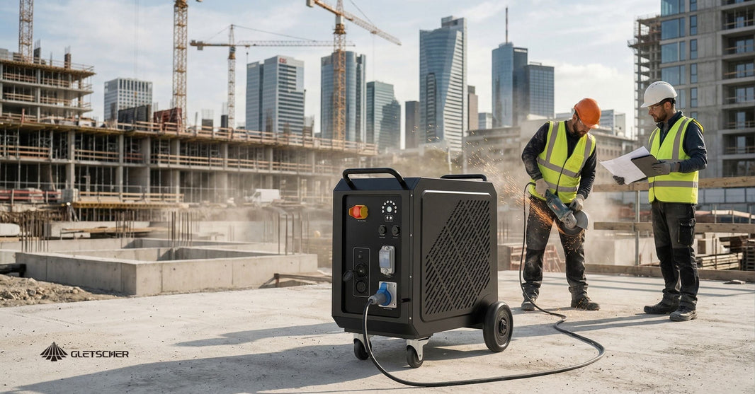 Portable 3600W powerstation on a modern construction site powering tools like an angle grinder, demonstrating mobile battery energy for urban construction, infrastructure development, and off-grid site operations.