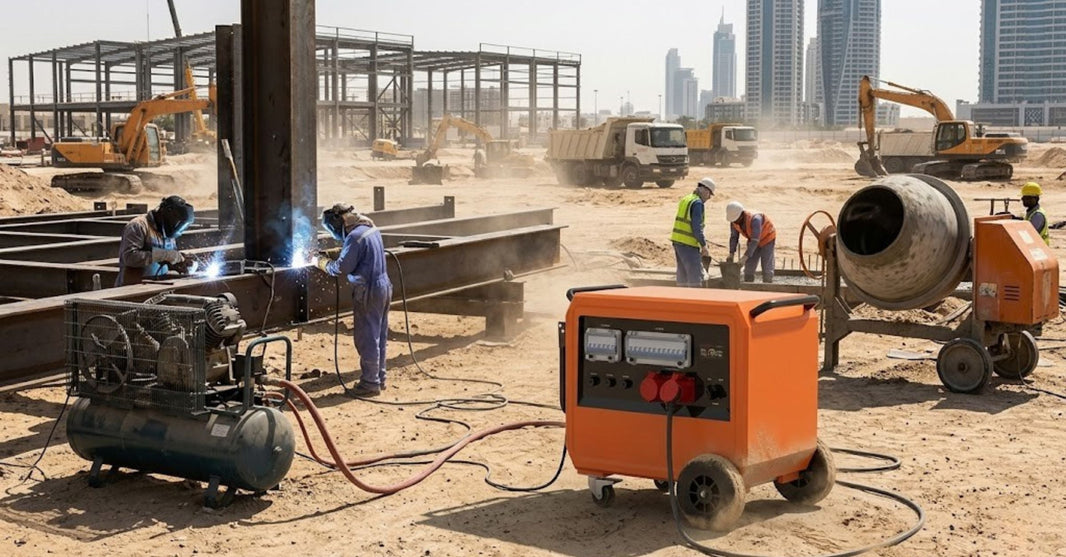 High-power portable 13,500W 3-phase battery powerstation operating on a large Middle East construction site, powering welding equipment, air compressor, and concrete mixer for heavy-duty infrastructure and industrial projects.