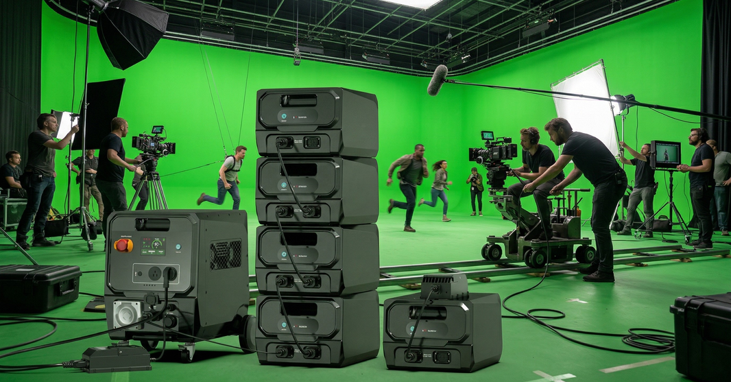 Close-up of Camper Elite 3600W stackable portable power station connected to professional cinema cameras and lighting equipment in a high-end greenscreen film studio with active crew and actors