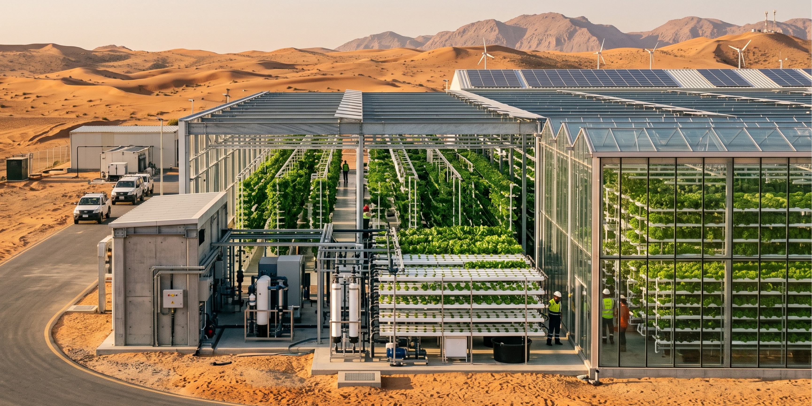 A large glass greenhouse with vertical crop towers and solar panels on a desert landscape, with a paved road, utility building, and mountains in the background.