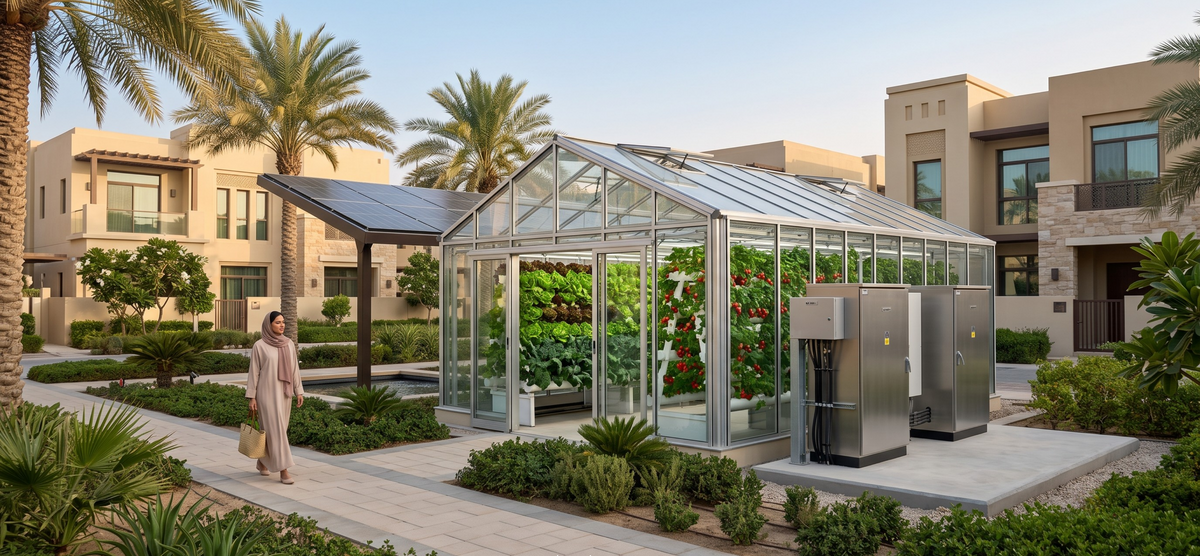 A modern glass greenhouse with solar panel shading and two large stainless steel utility units beside it, shown in a landscaped residential courtyard with palm trees and beige villas. A woman walks nearby on a paved path.