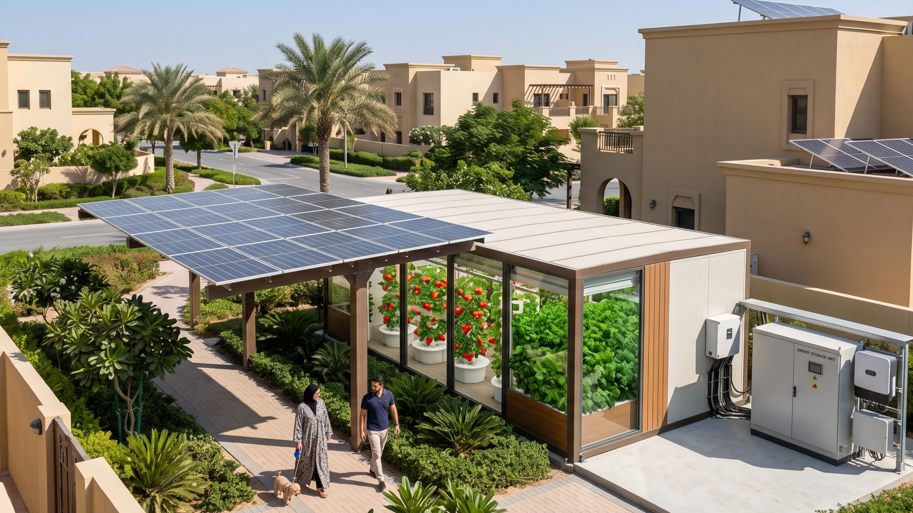 A modern solar-powered greenhouse with a large blue solar panel array on a metal frame, surrounded by a landscaped garden path with two people walking in a luxurious beige villa compound.