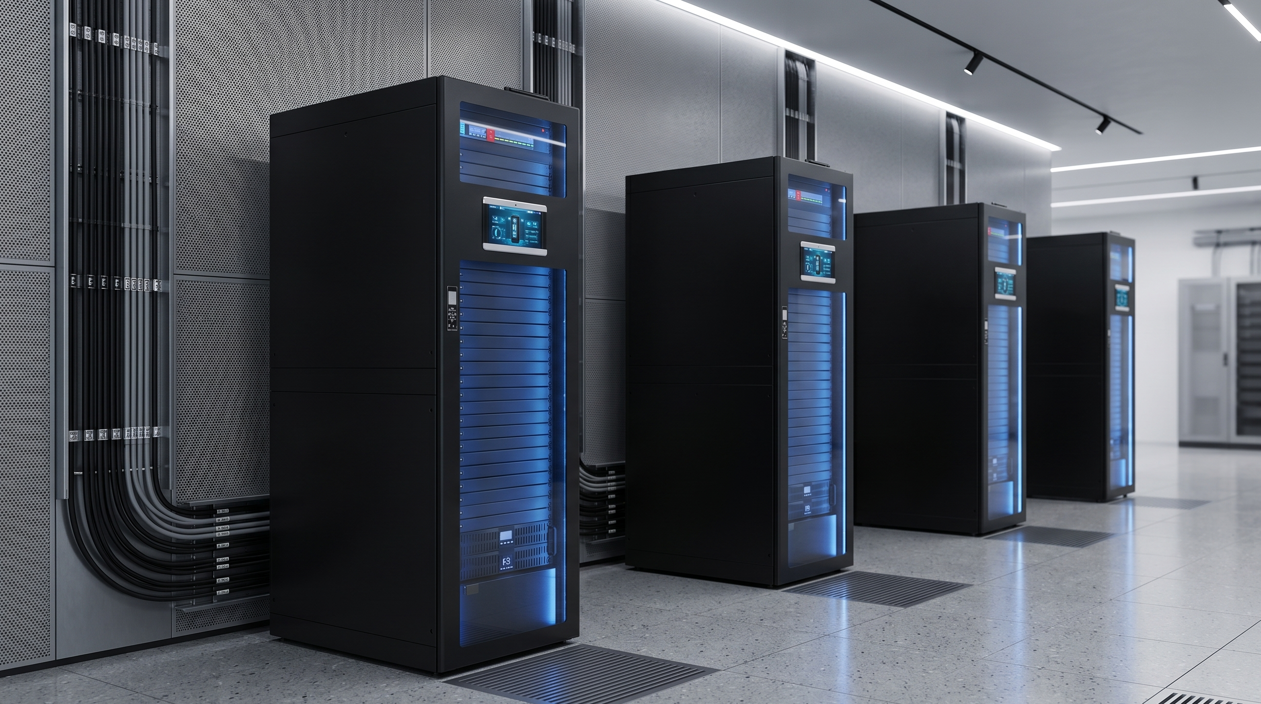 Row of server towers in a data center setting