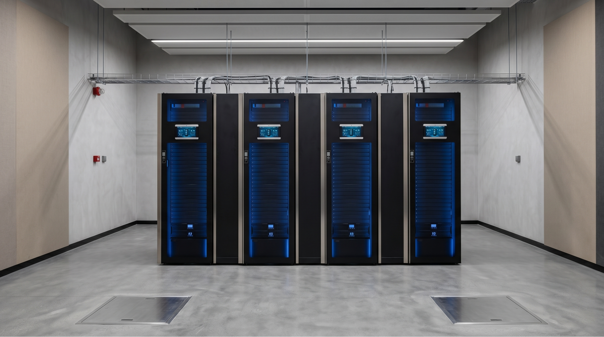 Row of server cabinets in a data center with blue lights.