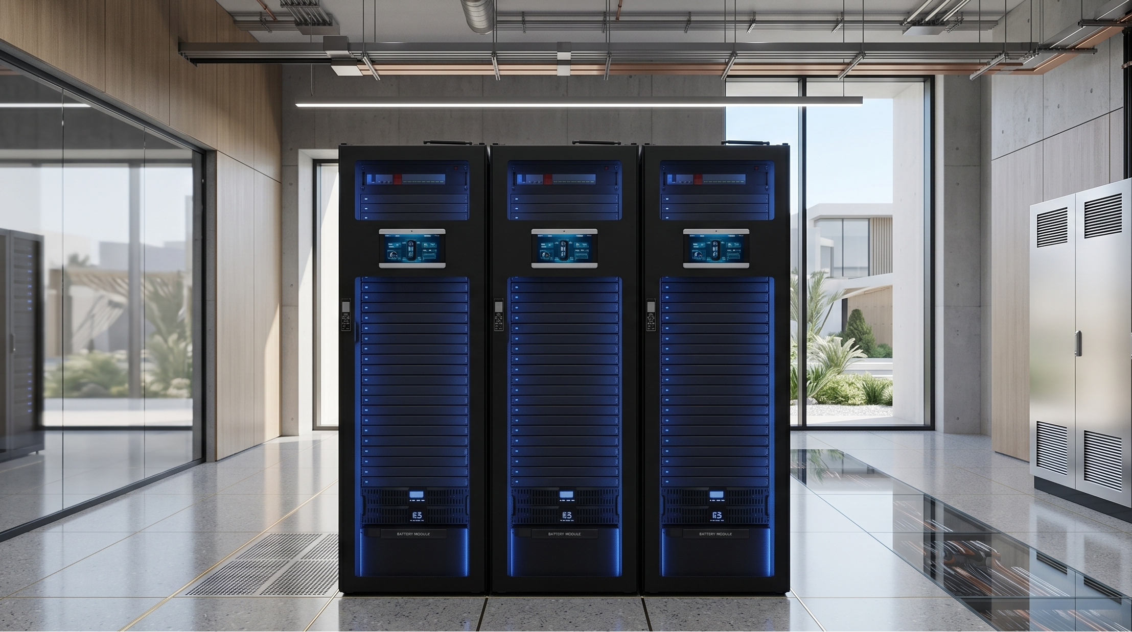 Server room with large servers in a modern facility