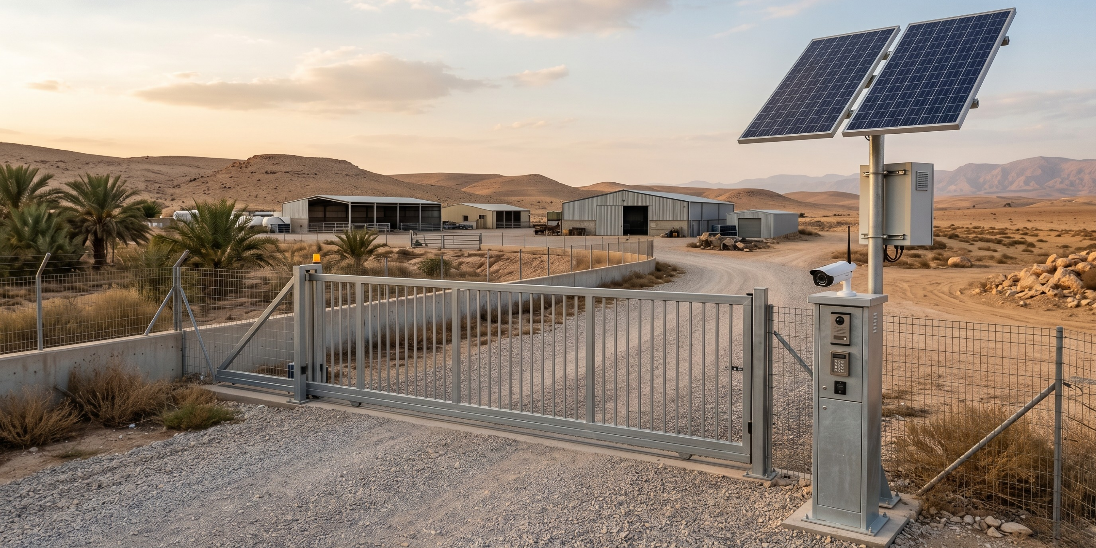 Solar panel on a gate post with a desert landscape in the background