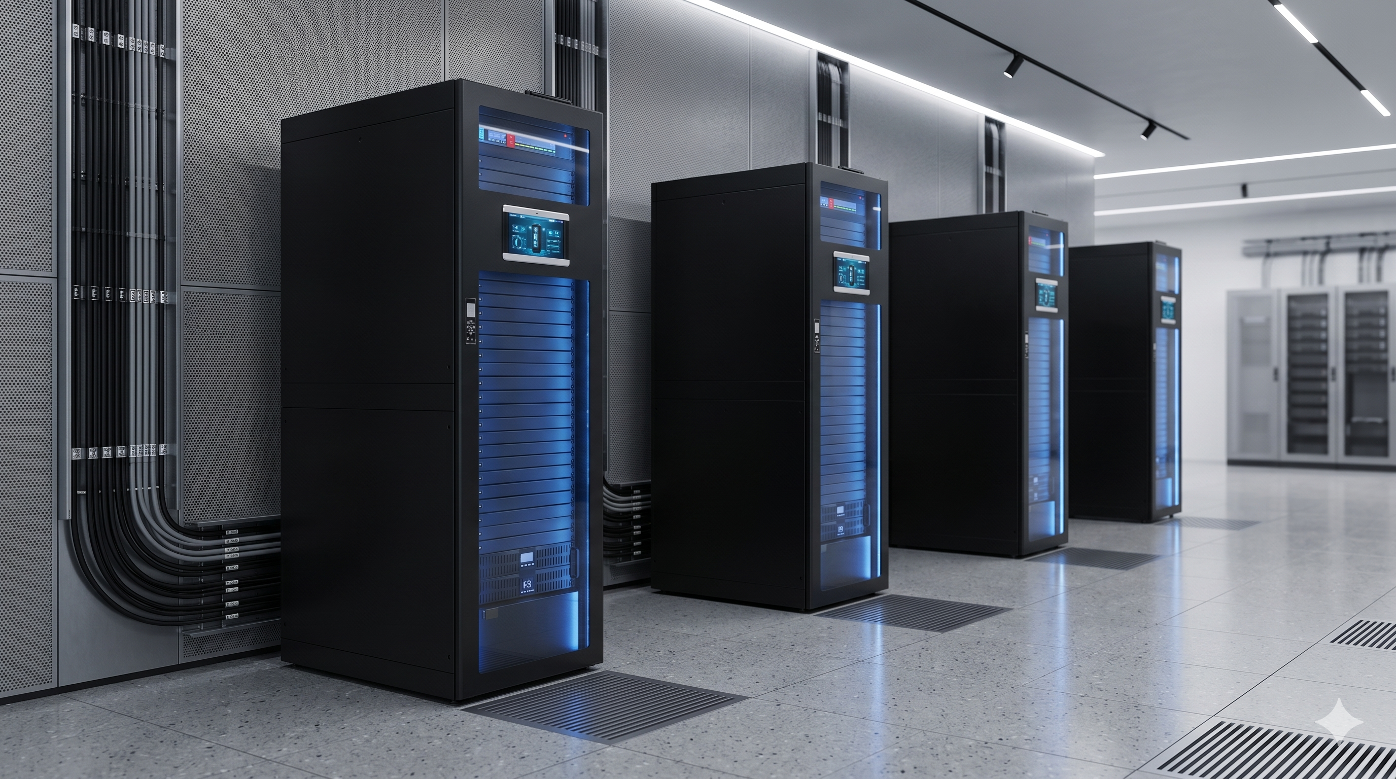 Row of server towers in a data center setting