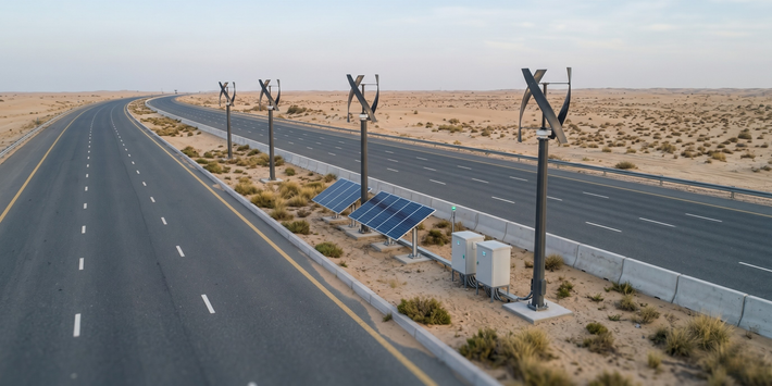 Desert road with solar panels on the side