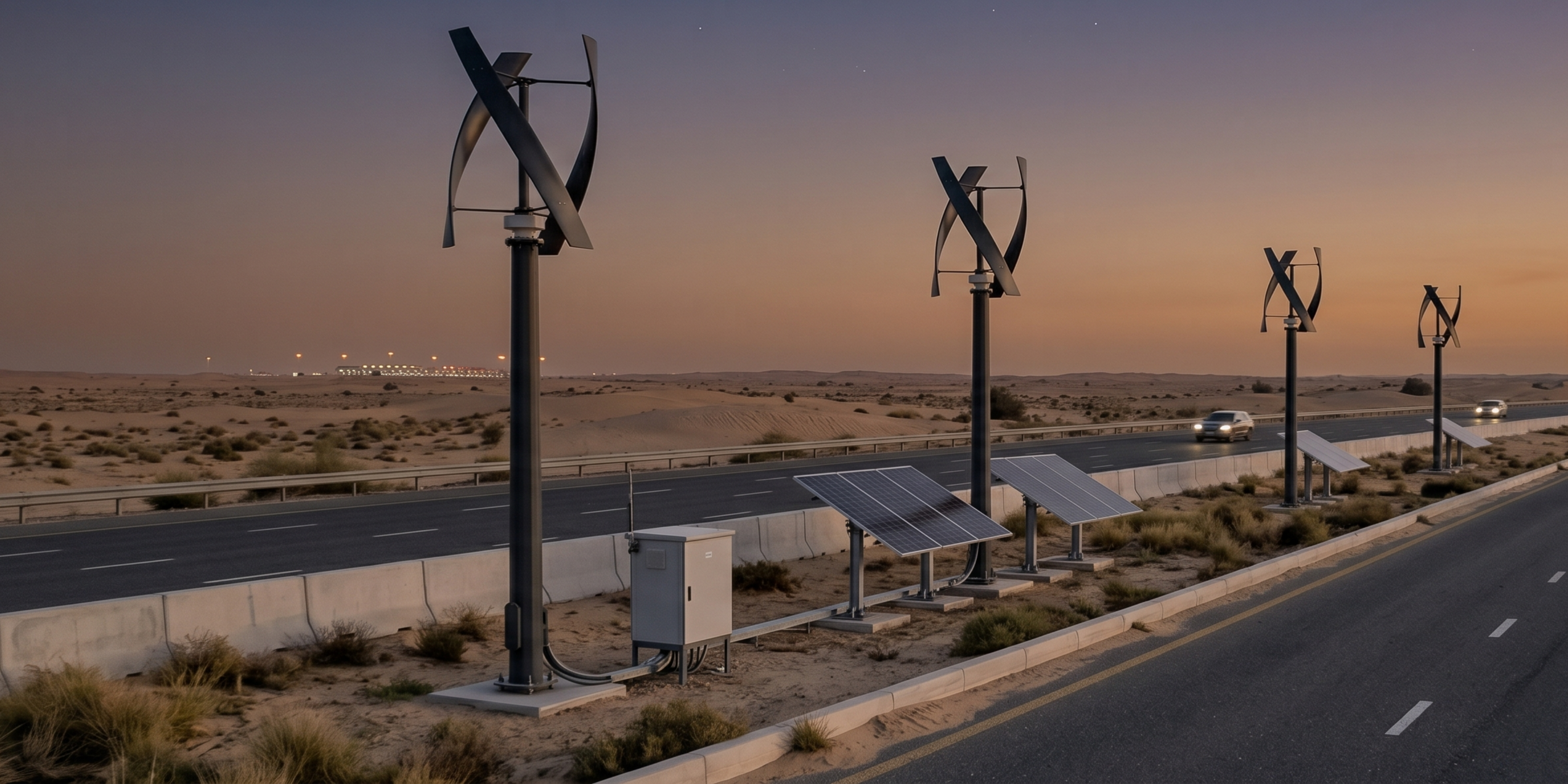 Solar panels and wind turbines on the side of a road in a desert landscape.