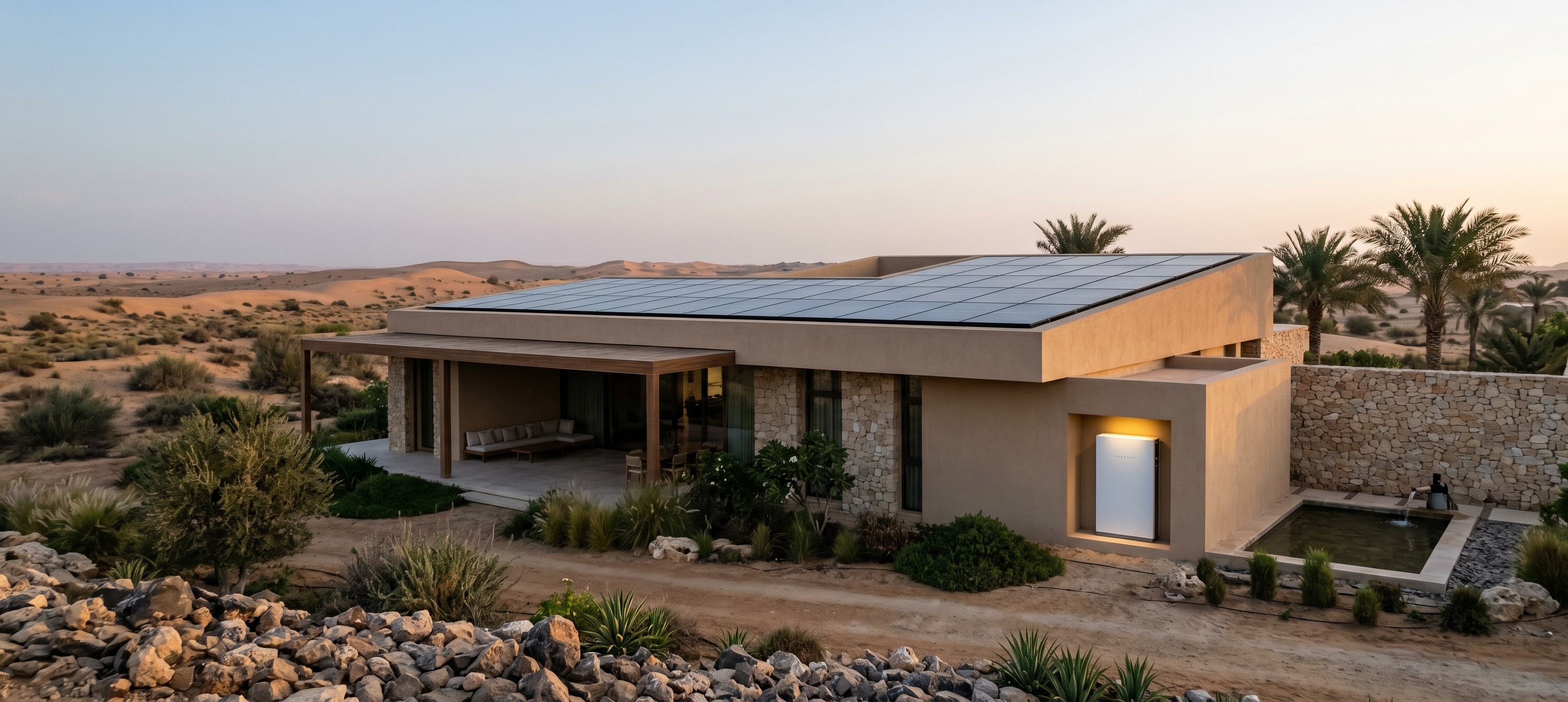 Modern house in a desert landscape with palm trees at sunset.