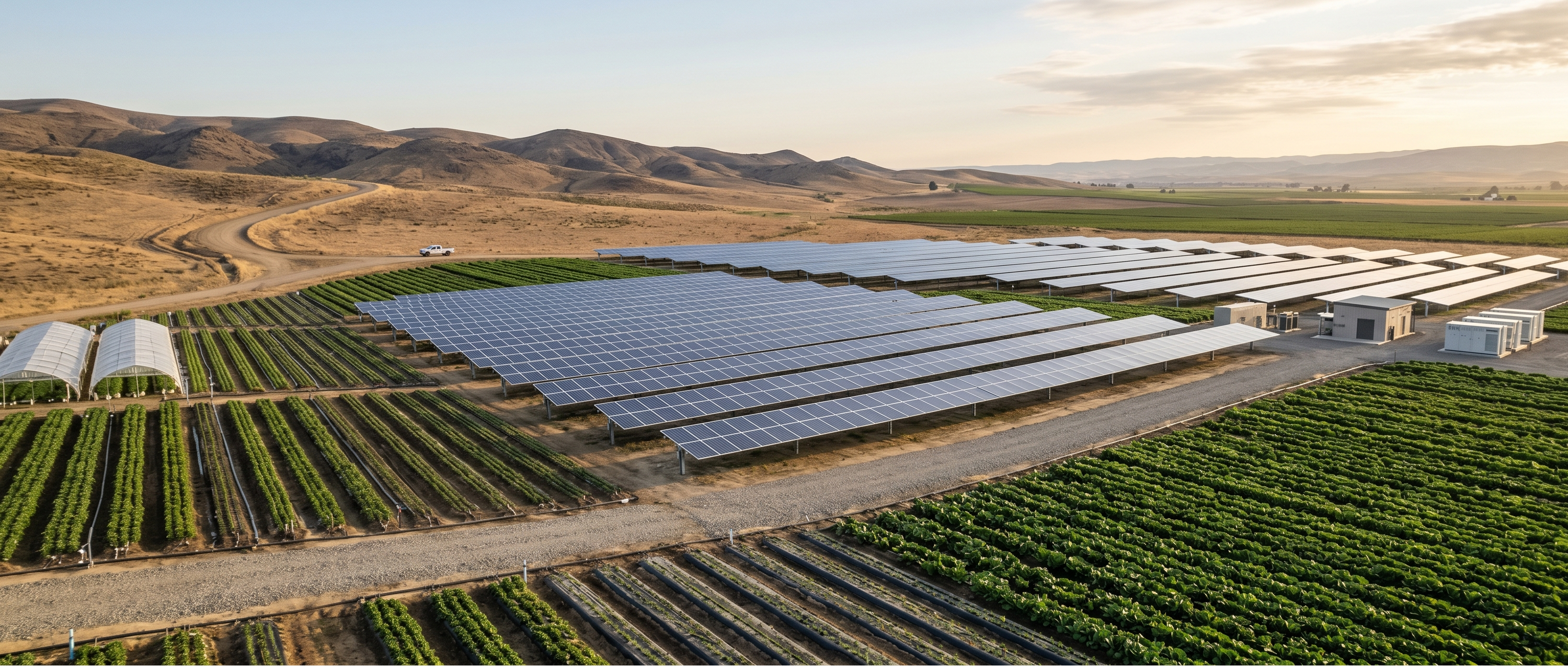 Solar farm with green fields and mountains in the background