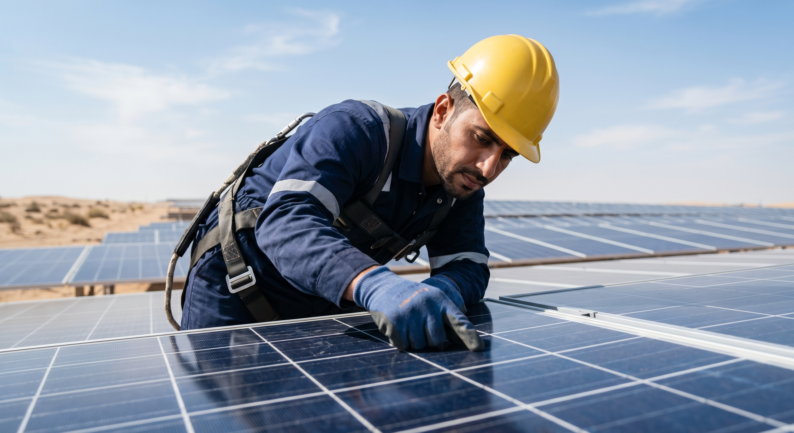 Worker installing solar panels on a clear day