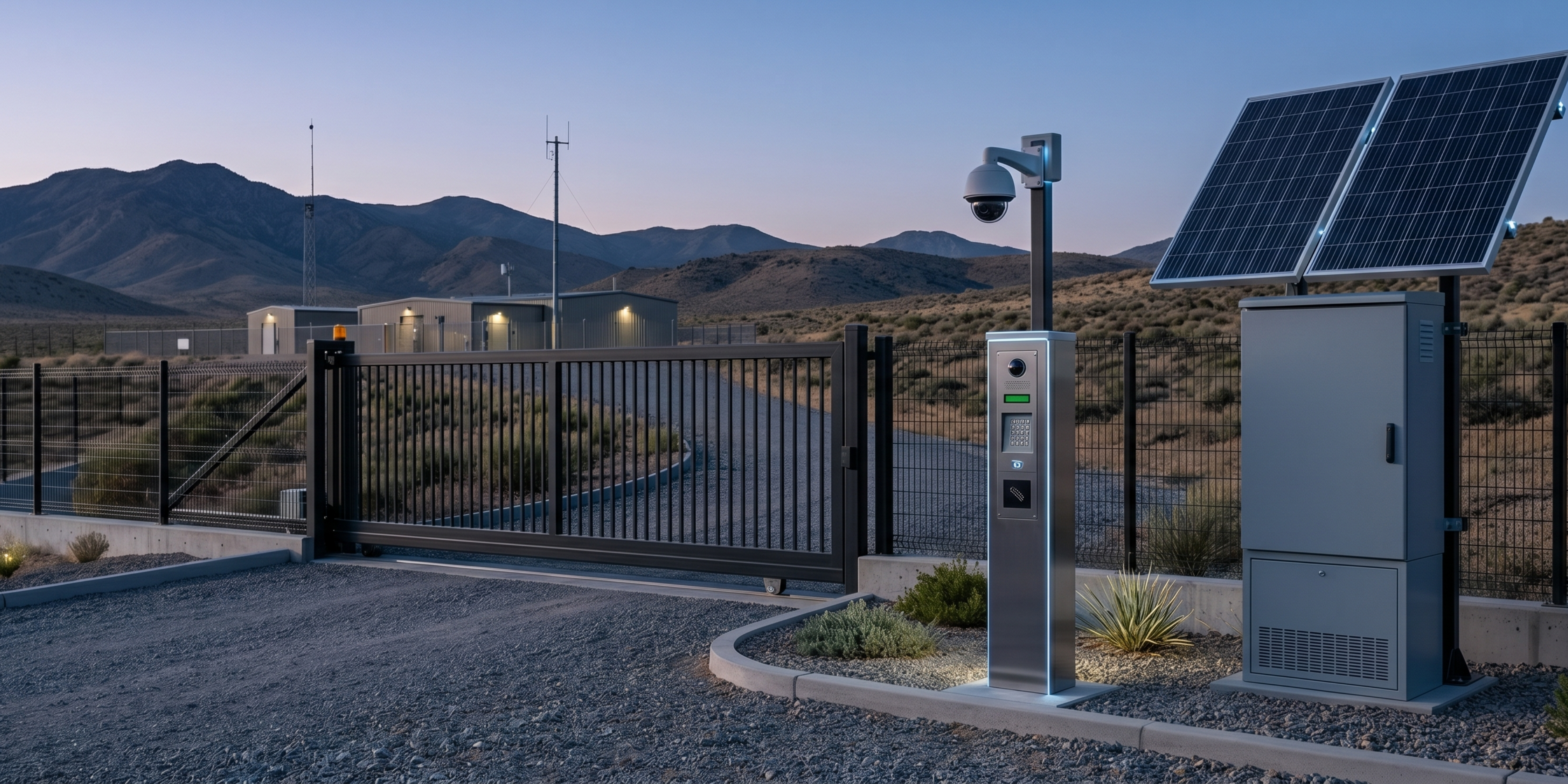 Solar panels on a gate automation system with mountains in the background