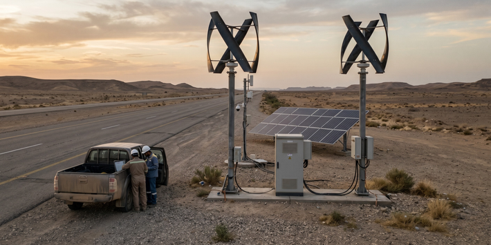 Two people inspecting a truck near solar panels and wind turbines in a desert setting.