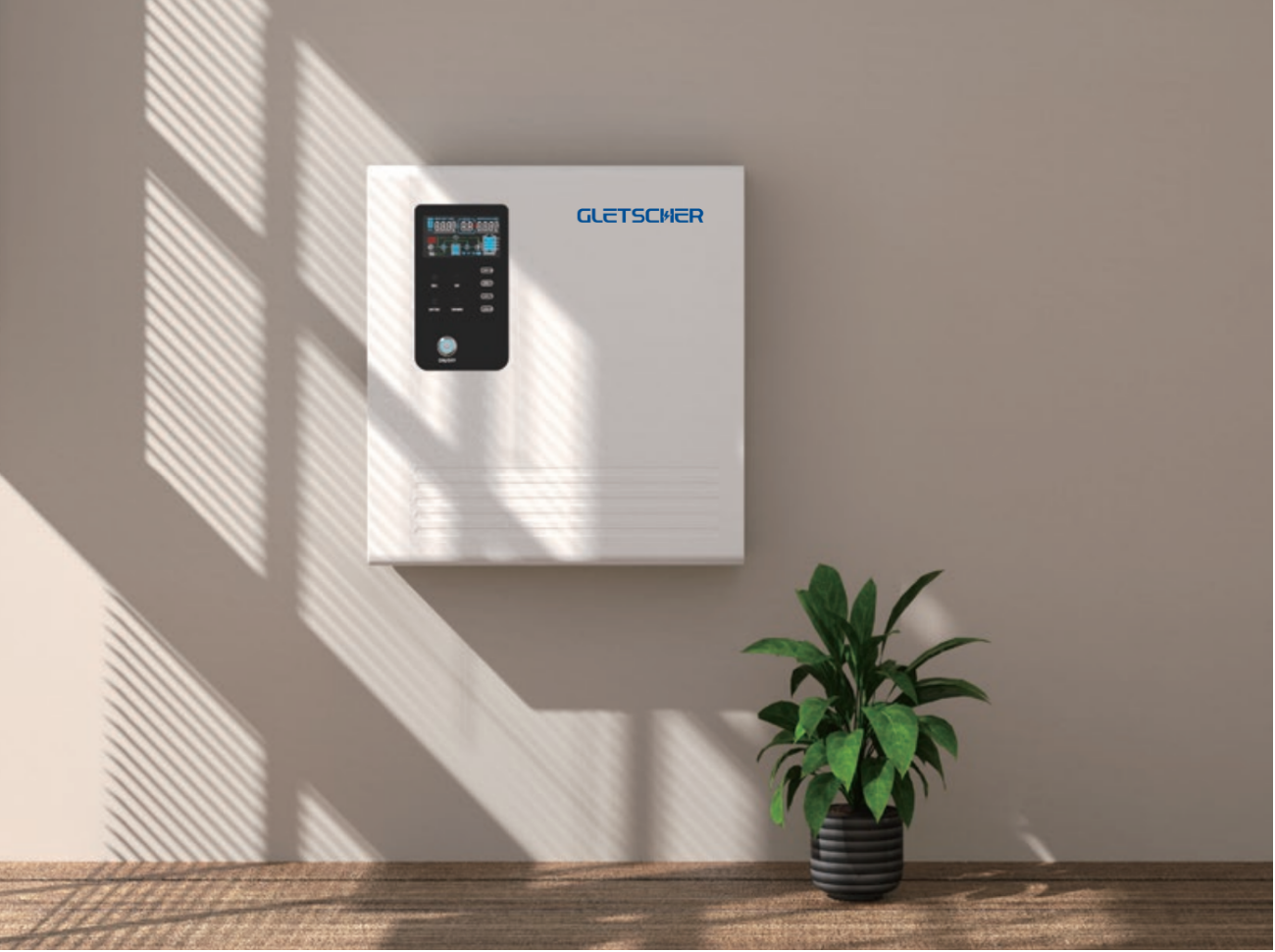 Wall-mounted Gletscher Alloy Series inverter in a modern home setting, designed for efficient solar energy conversion and smart power management.