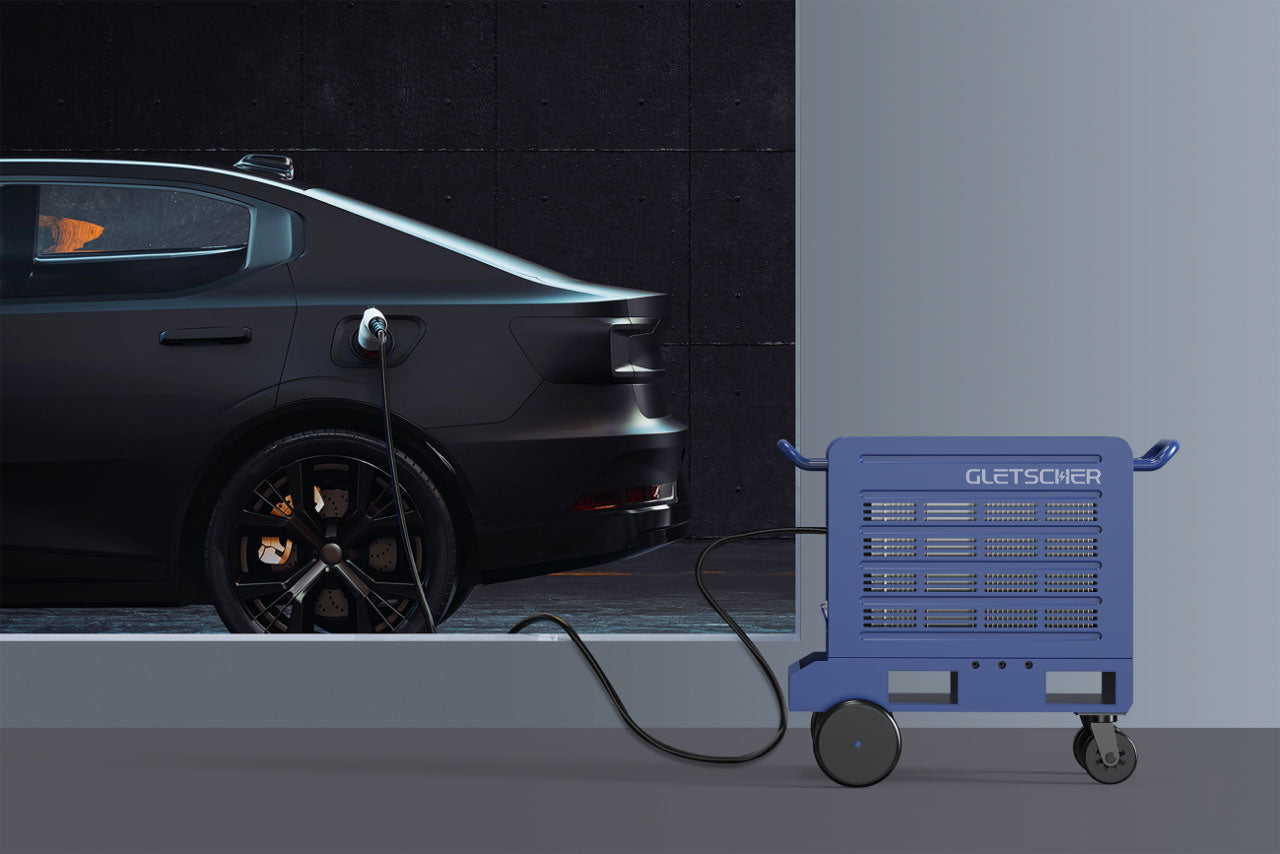 Gletscher Camper Pro portable power station charging an electric vehicle, showcasing mobile EV charging capabilities for urban and remote use.
