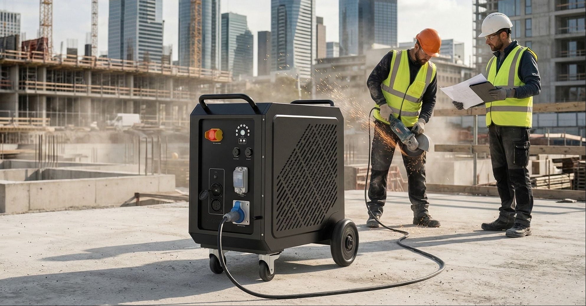 Two workers with a generator on a construction site with a city skyline in the background.