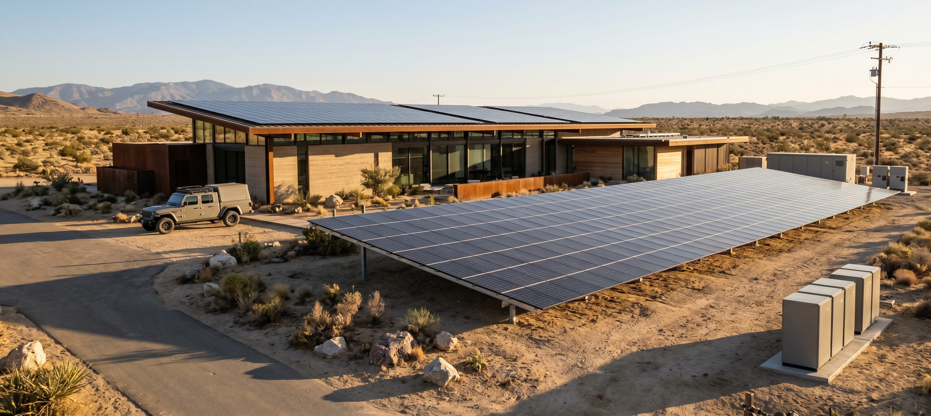 Modern house with solar panels in a desert landscape
