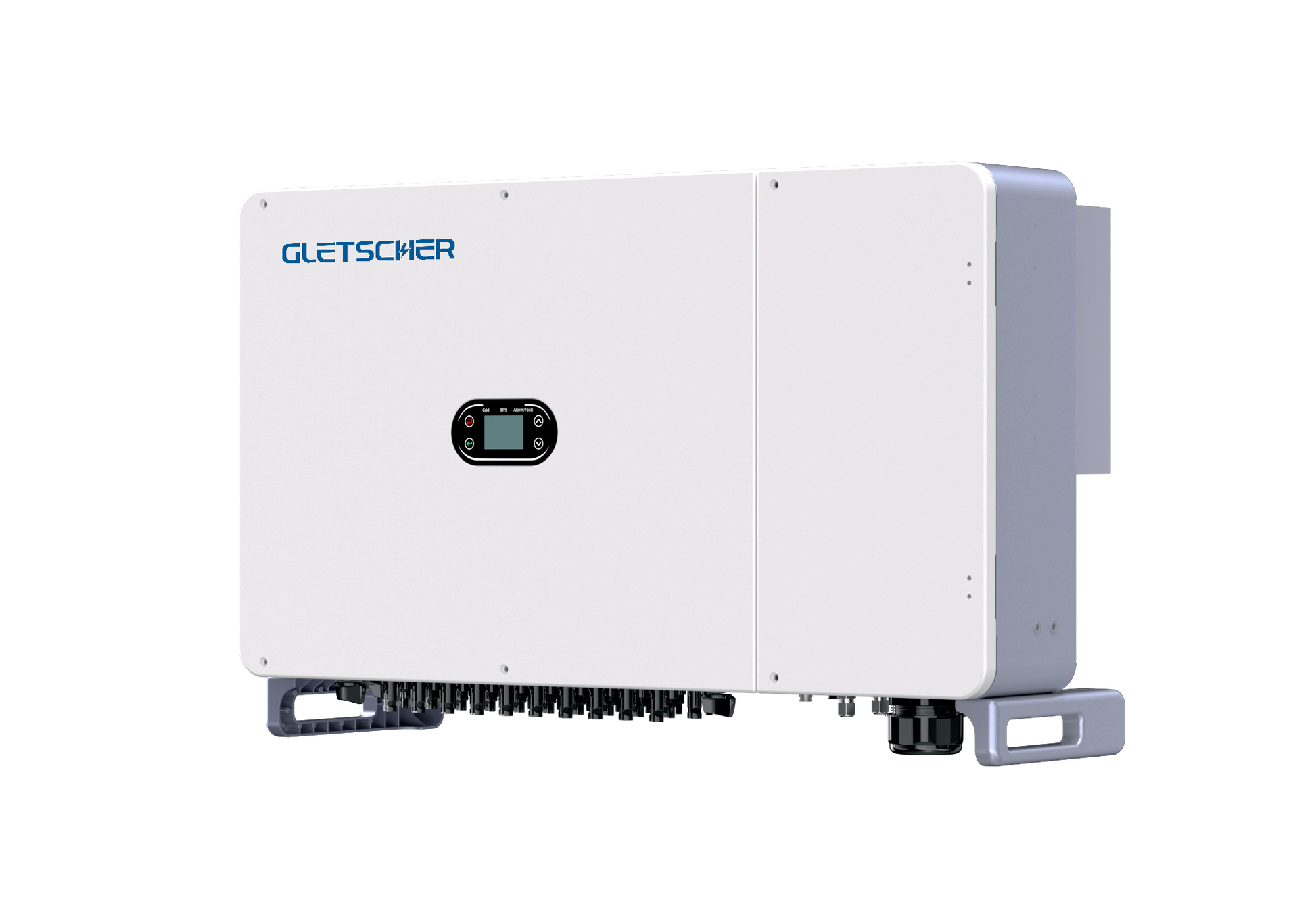 Angled perspective of Gletscher Alloy GN136KTR3 on-grid solar inverter showing compact, durable design
