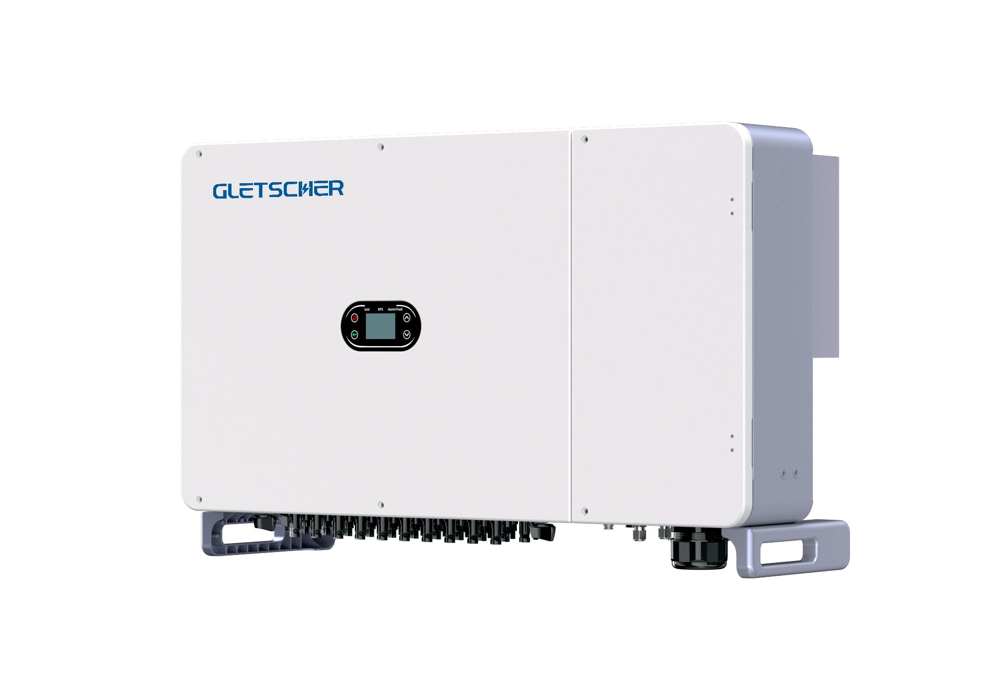 Angled perspective of Gletscher Alloy GN136KTR3 on-grid solar inverter showing compact, durable design
