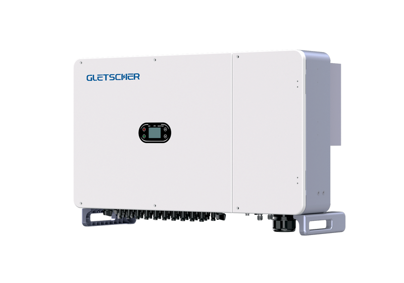 Angled perspective of Gletscher Alloy GN136KTR3 on-grid solar inverter showing compact, durable design