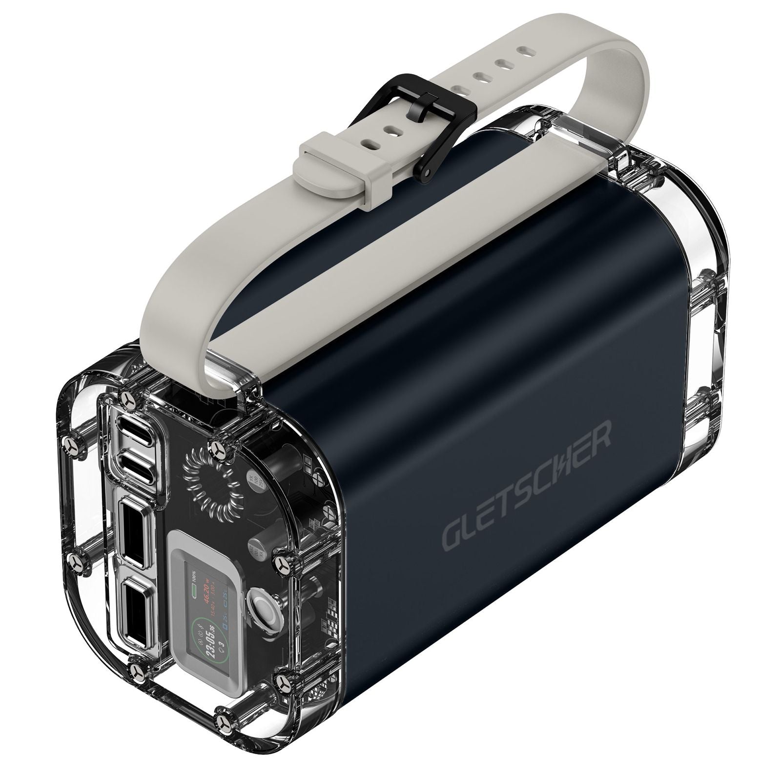 Angled view of the Gletscher Camper Pico powerbank highlighting its sleek dark blue casing, transparent end caps, display screen, four charging ports, and adjustable strap.