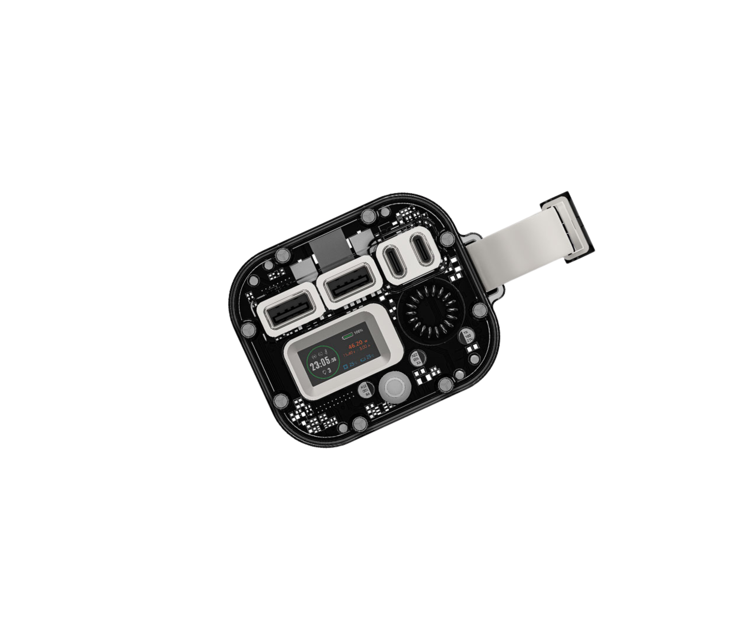Top-down view of the Gletscher Camper Pico powerbank showing dual USB-A, dual USB-C ports, TFT display screen, and internal circuit design with attached strap.