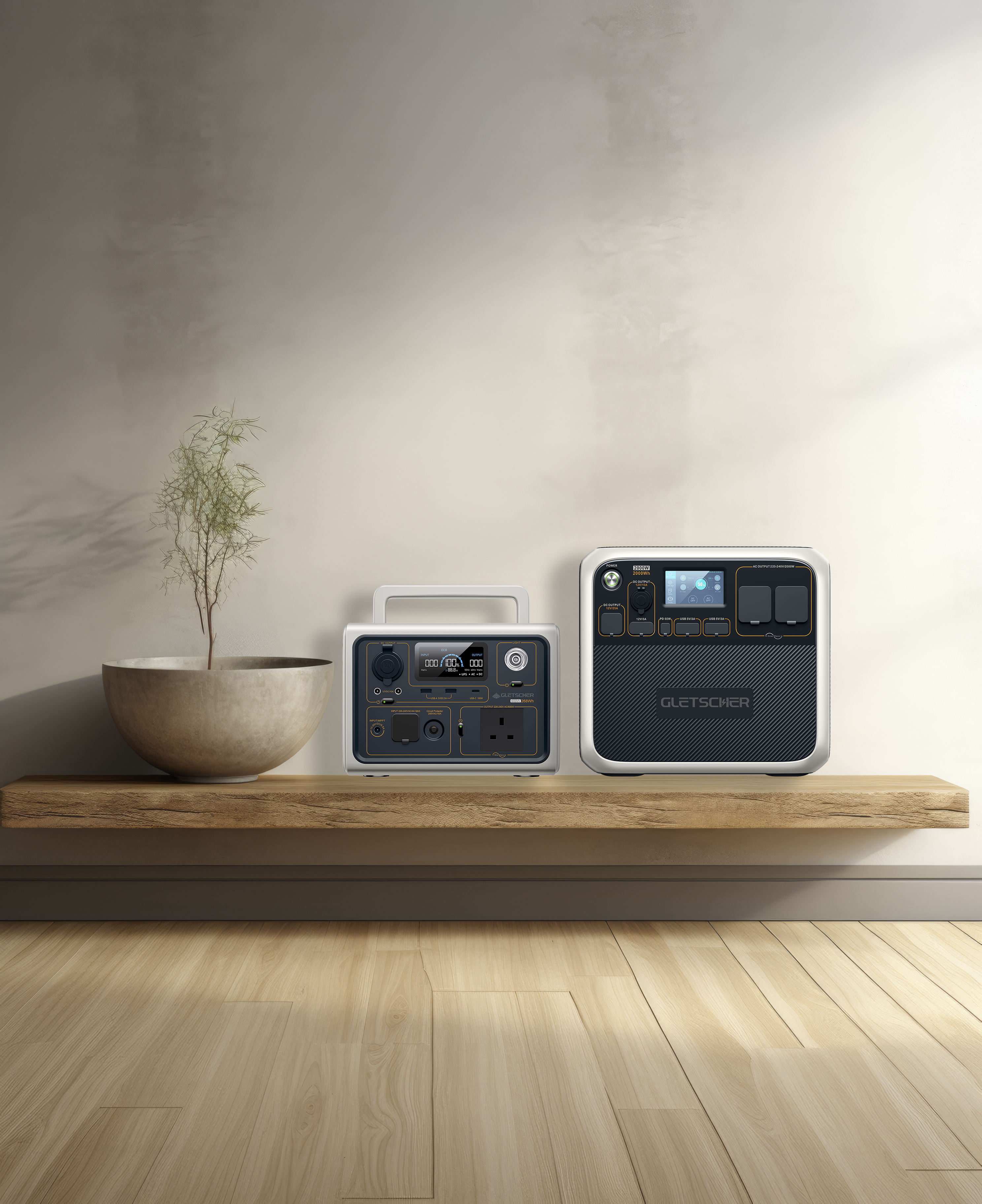 Gletscher Camper Series portable power stations on wooden shelf with potted plant, minimalist indoor setting