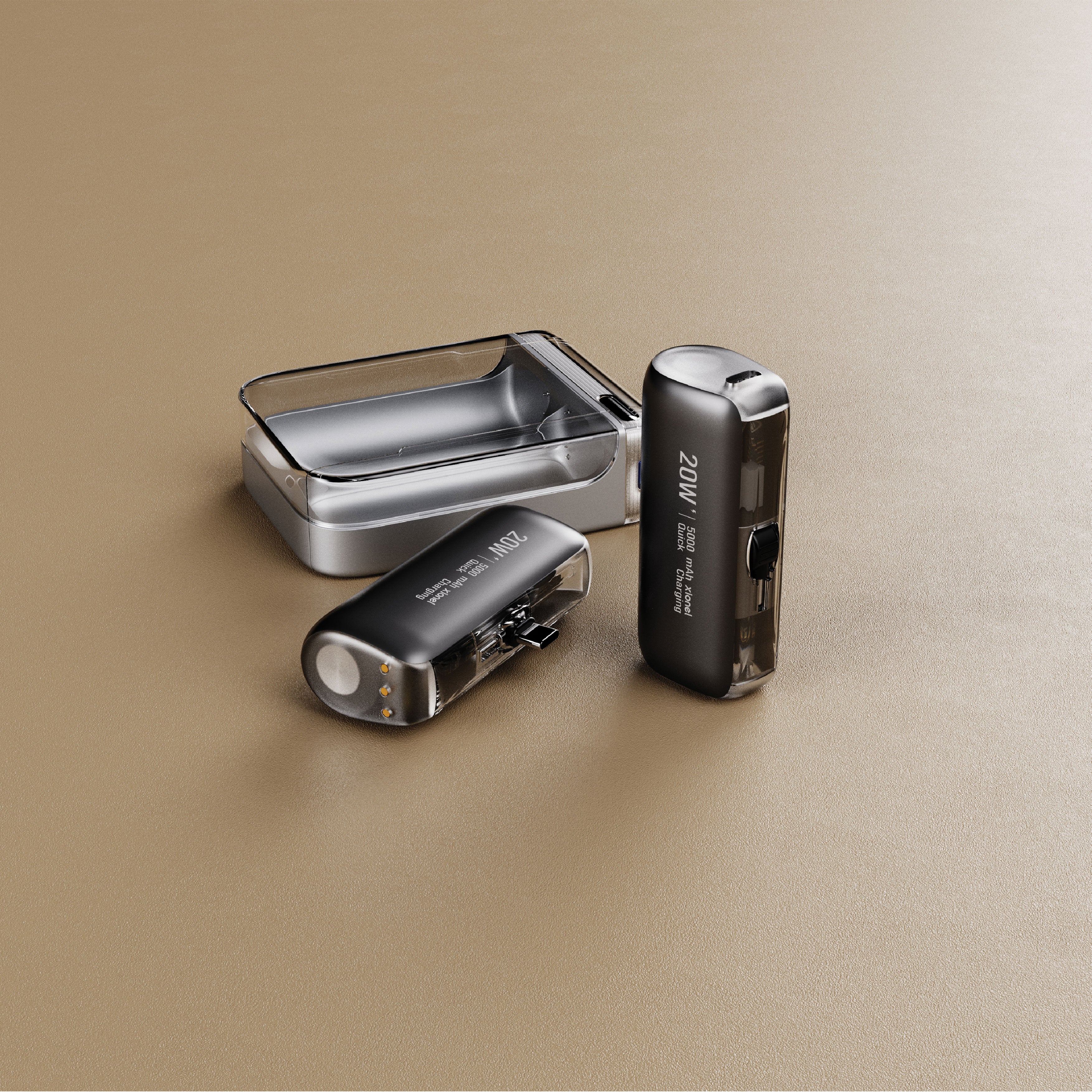 Compact 20W transparent powerbank with USB-C and flashlight feature, displayed with protective case on a golden surface
