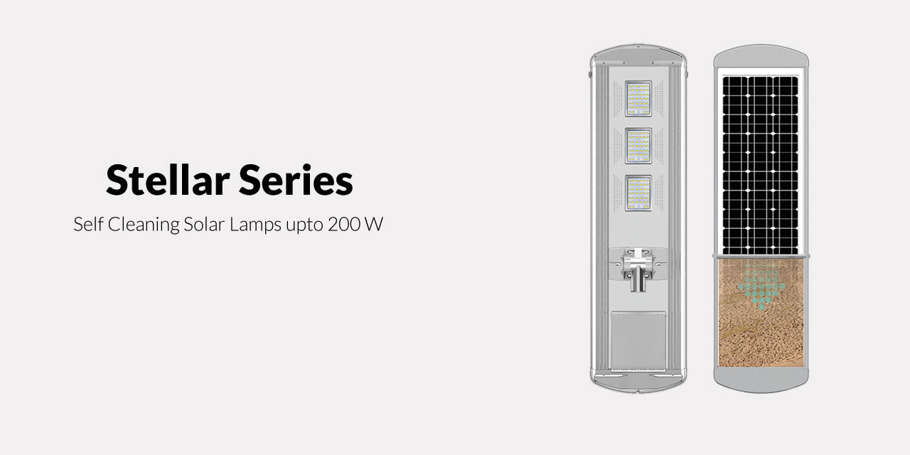Gletscher Energy Stellar Series all-in-one self-cleaning solar streetlights with integrated solar panels and LED modules for roads, parking lots, and high-mast installations.