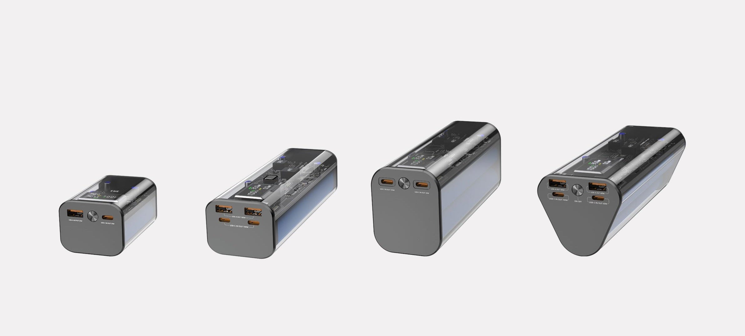Gletscher Energy transparent high-output powerbanks with dual USB-C and USB-A ports, designed for fast charging of laptops, cameras, drones, and smartphones—ideal for creators, travelers, and emergency use.