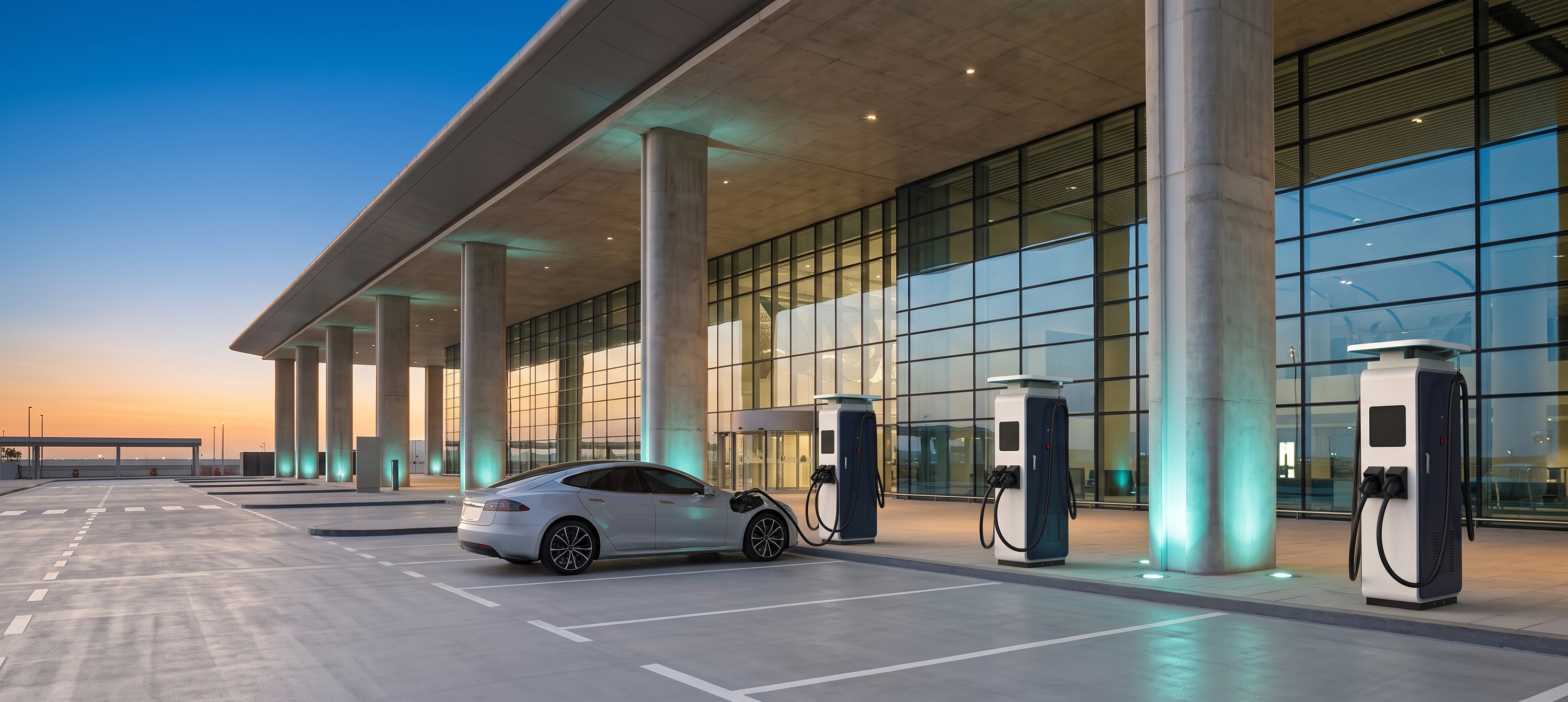 A white electric vehicle is parked at one of several charging stations outside a modern building with large glass windows and concrete columns at dusk.