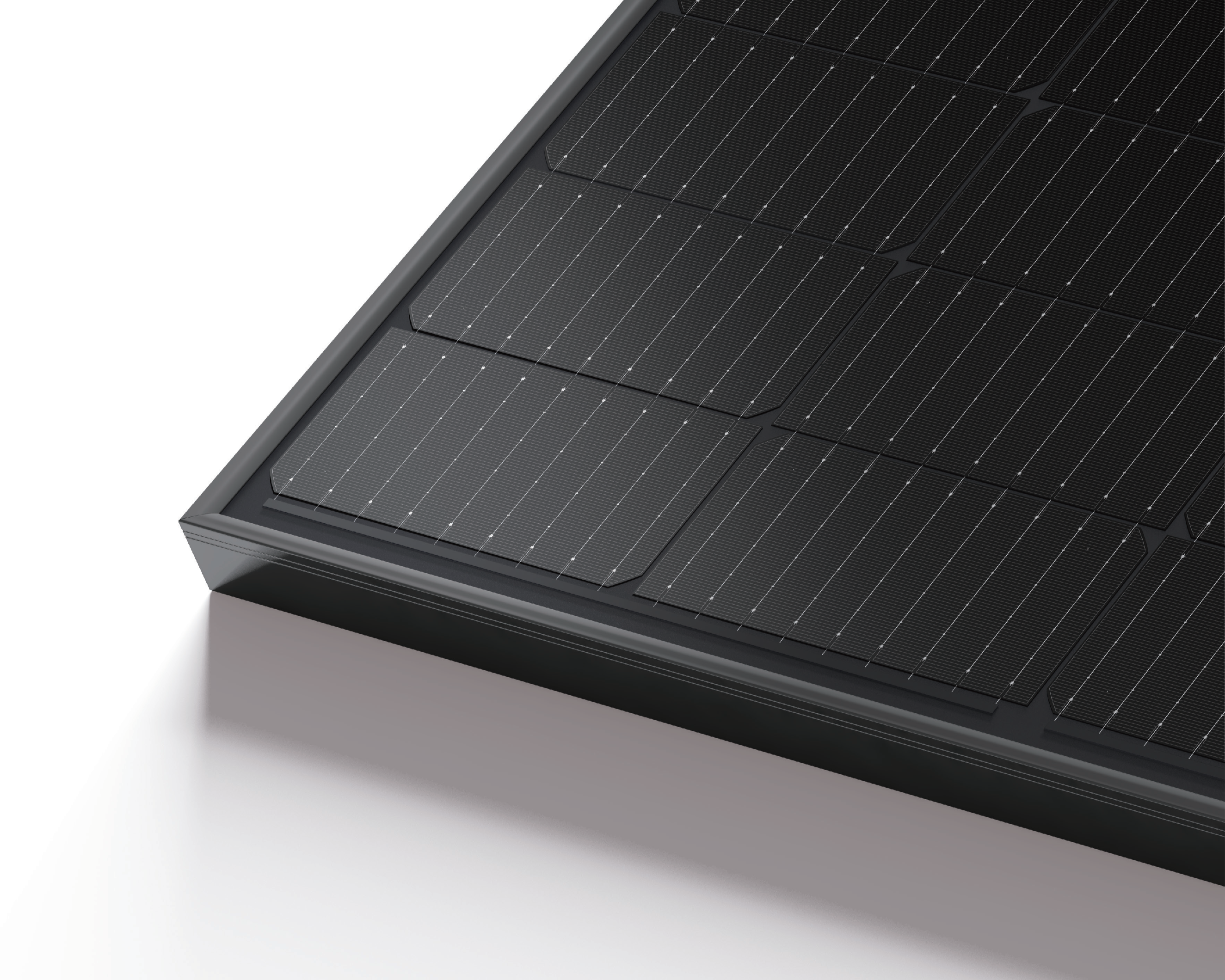 Close-up view of Gletscher Makellos Series solar panel featuring all-black high-efficiency monocrystalline cells for premium energy output and sleek design.