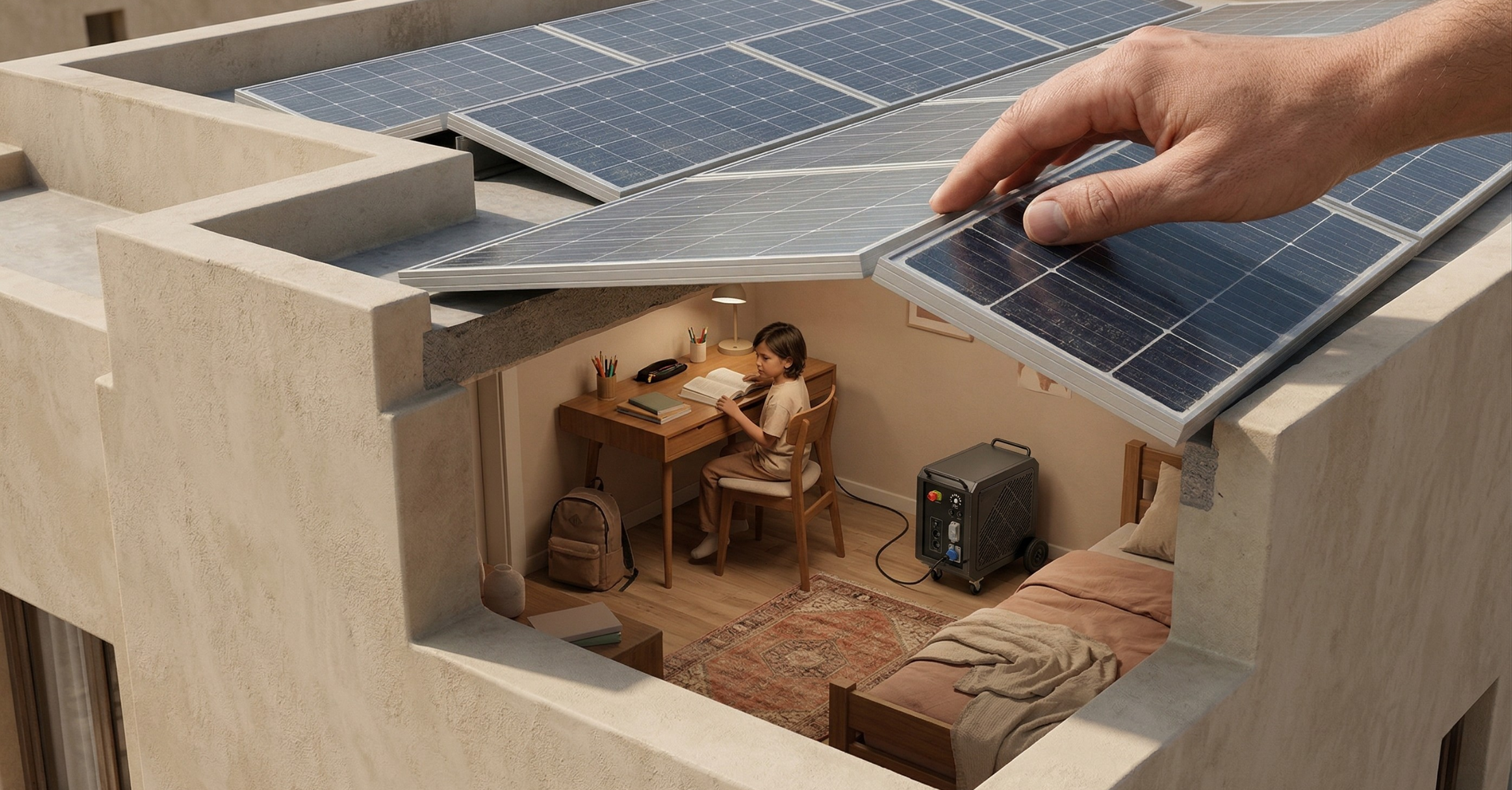 Child studying inside a home powered by rooftop solar panels and a portable battery powerstation, showing residential energy resilience in the Middle East