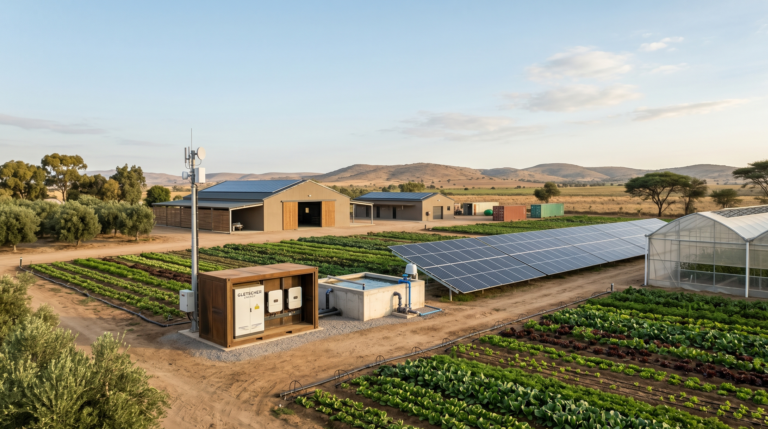 A modern farm with solar panels, greenhouses, and agricultural fields under a clear sky.