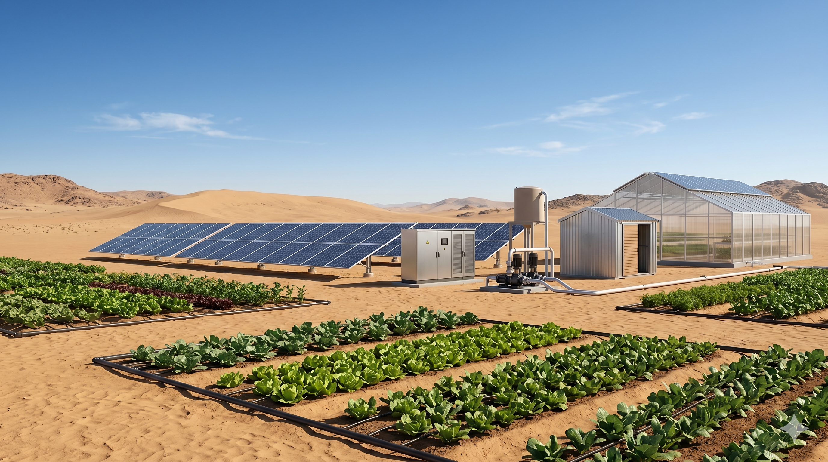 Desert landscape with solar panels, greenhouse, and agricultural plots.