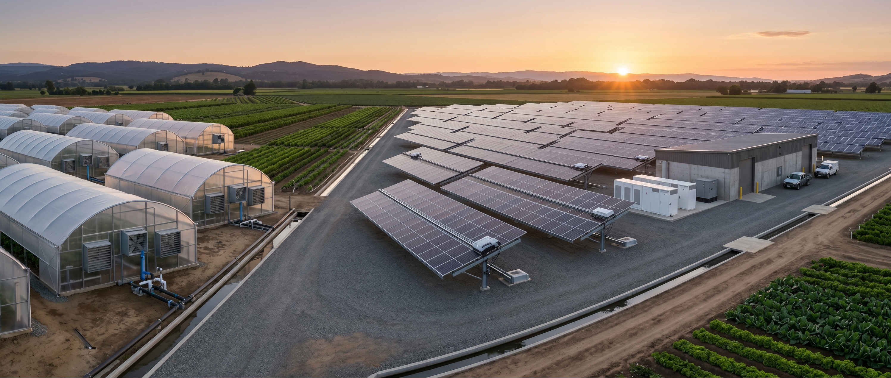 Aerial view of solar panels and greenhouses at sunset.