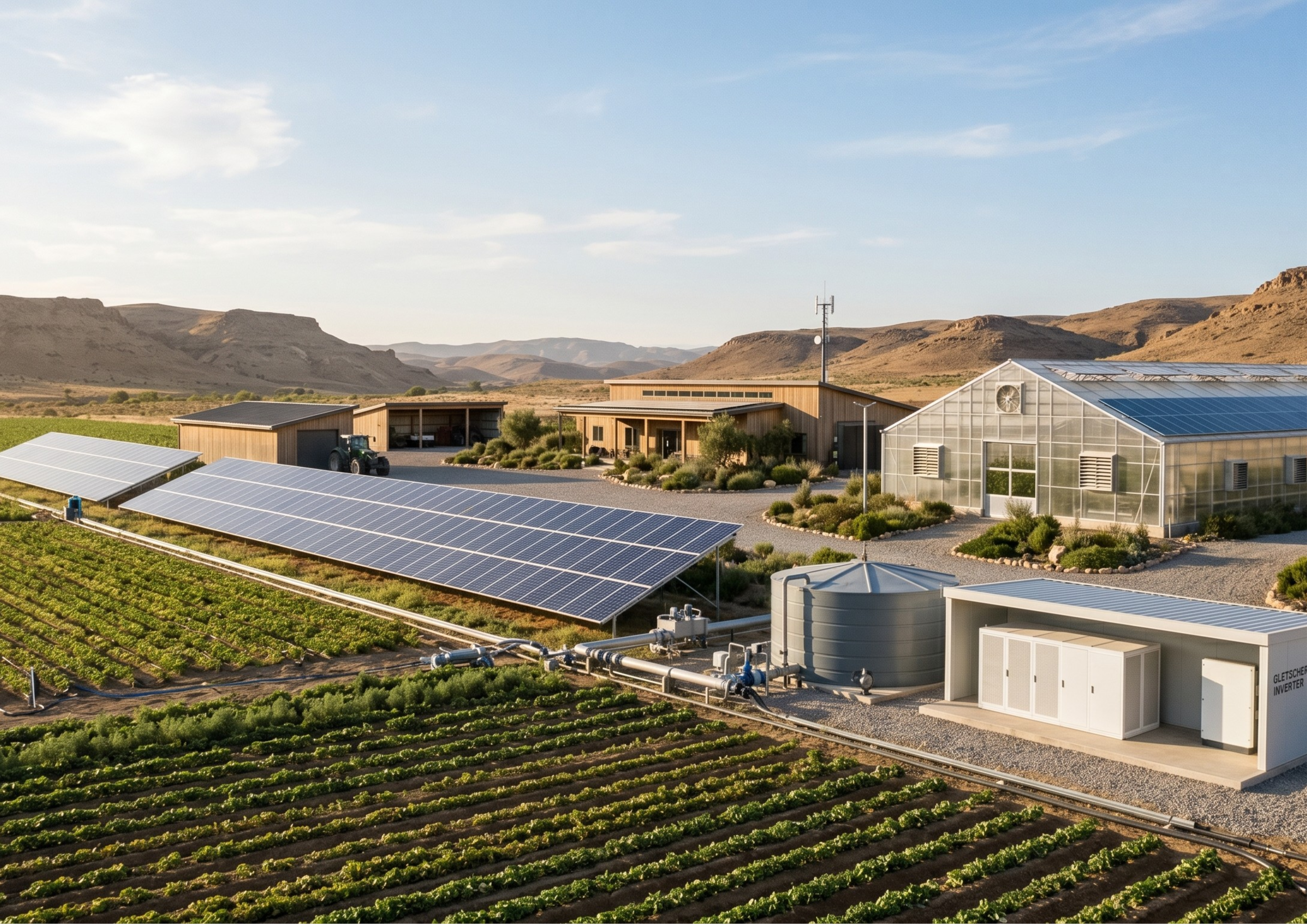 Solar panels on a farm with green fields and mountains in the background