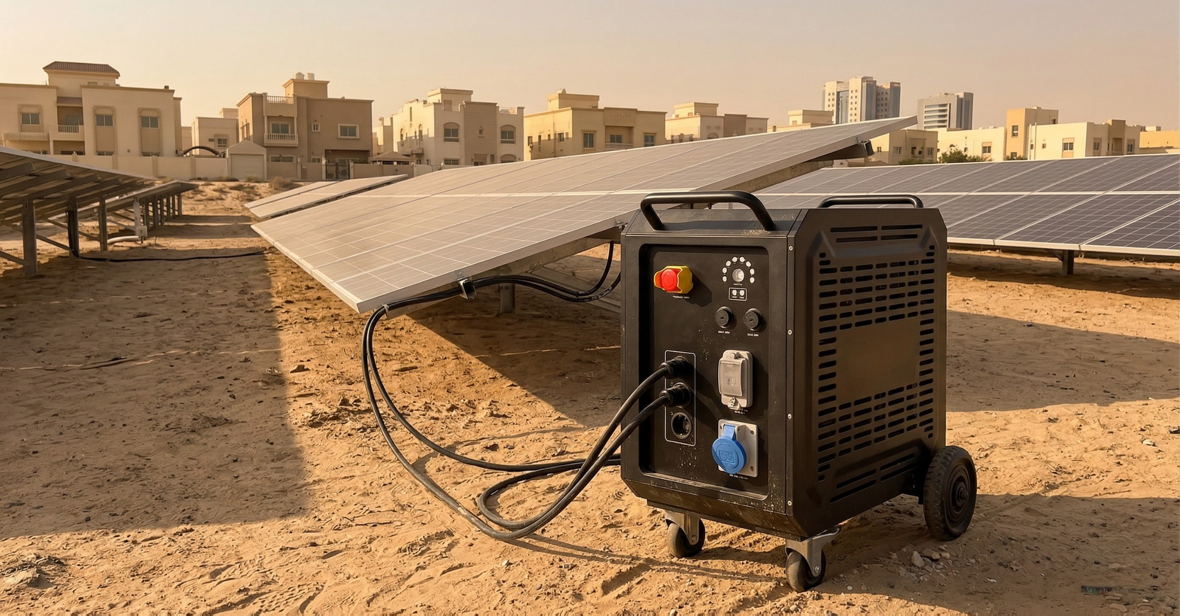 Portable battery powerstation connected to solar panels in a residential Middle Eastern setting, illustrating solar-powered backup energy storage.