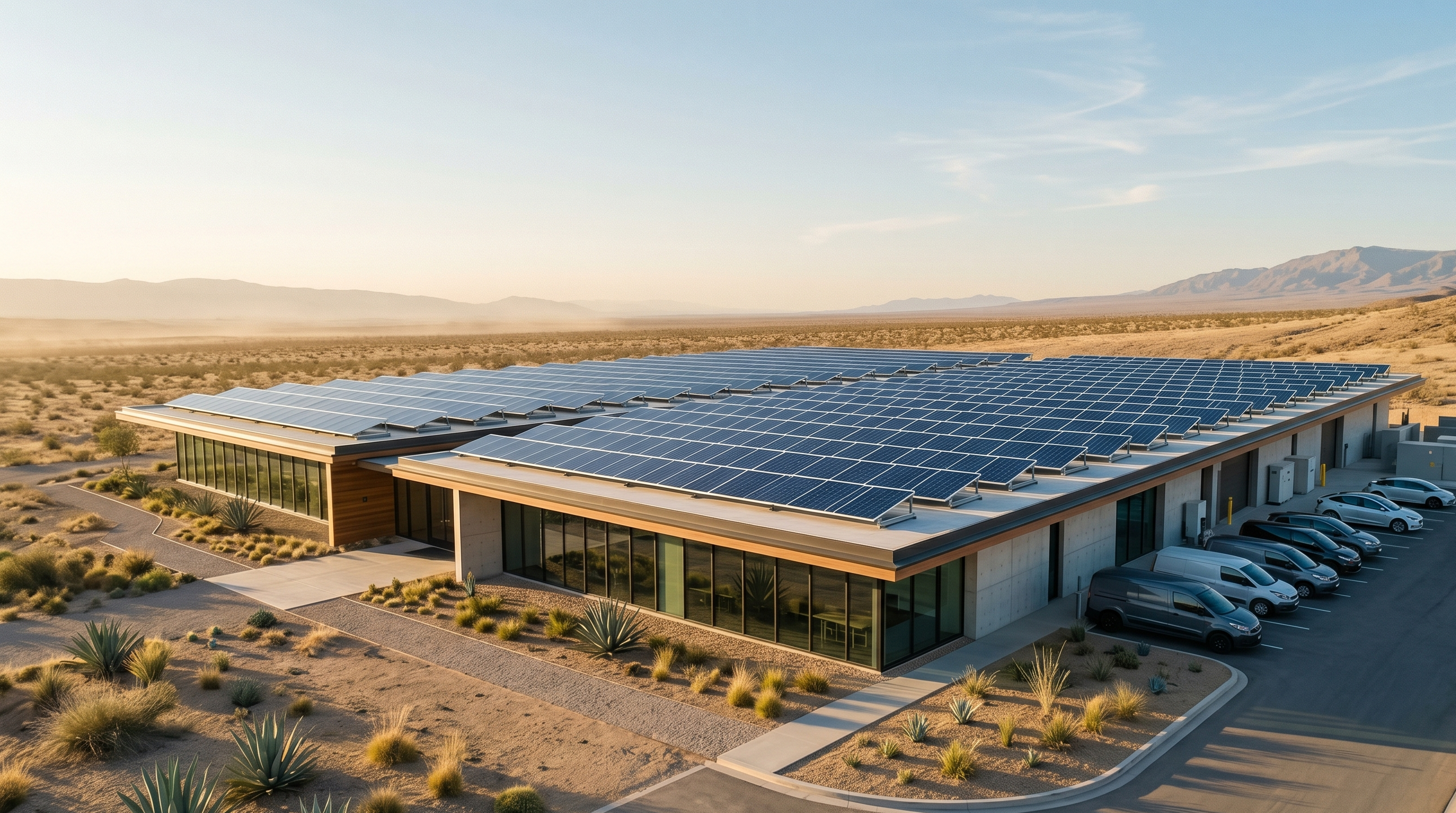 Modern building with solar panels in a desert landscape