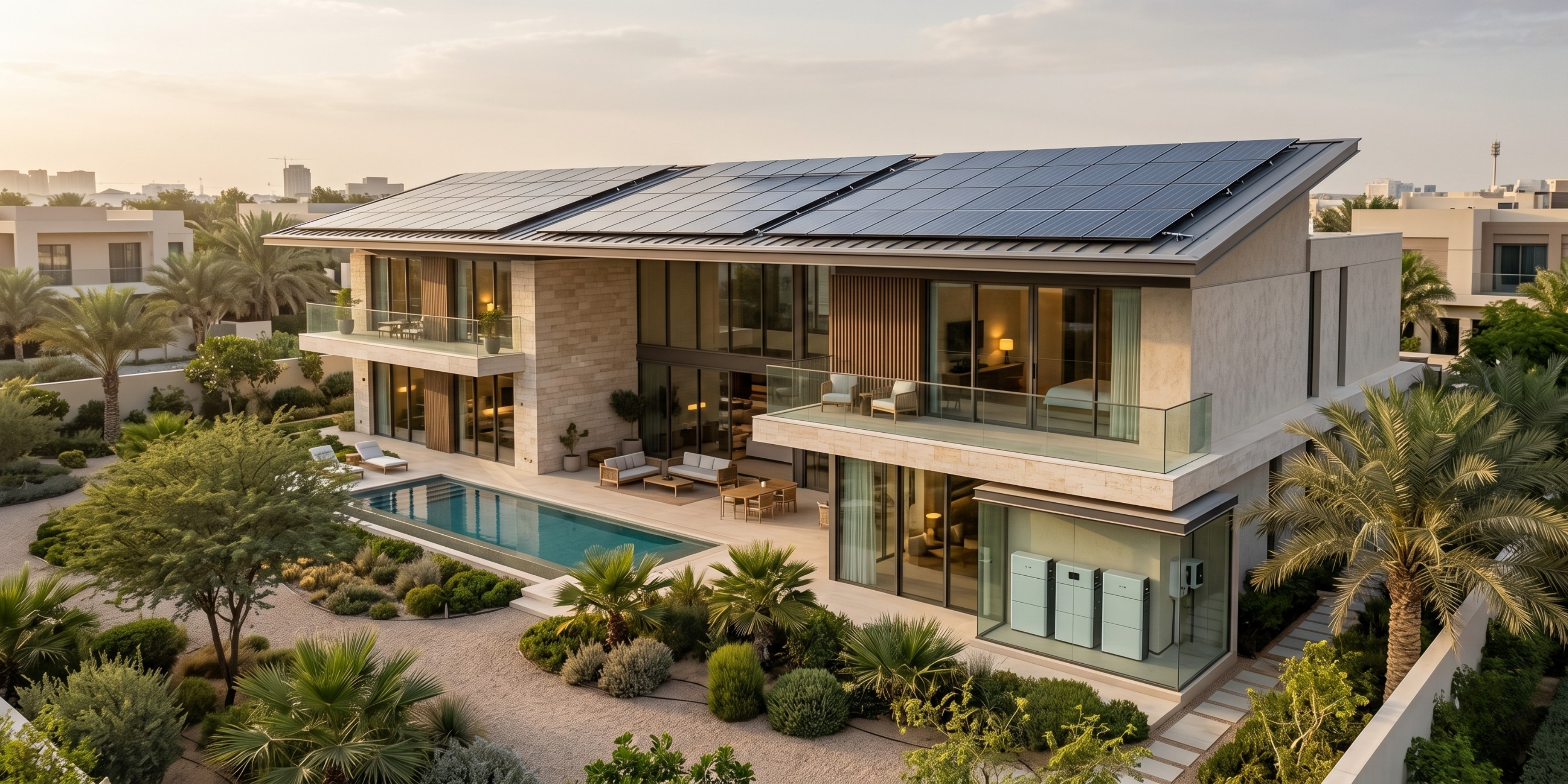 Modern house with solar panels on the roof, surrounded by palm trees and a pool.