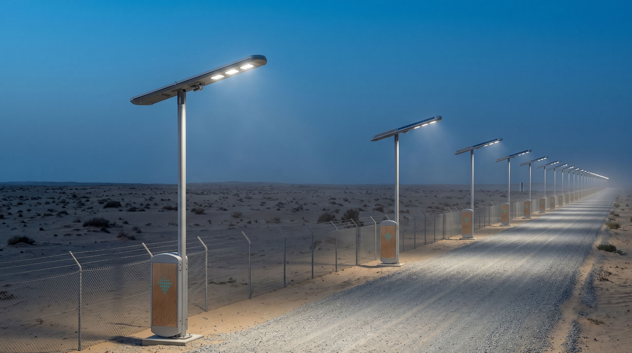 Row of solar street lights along a desert road at night.
