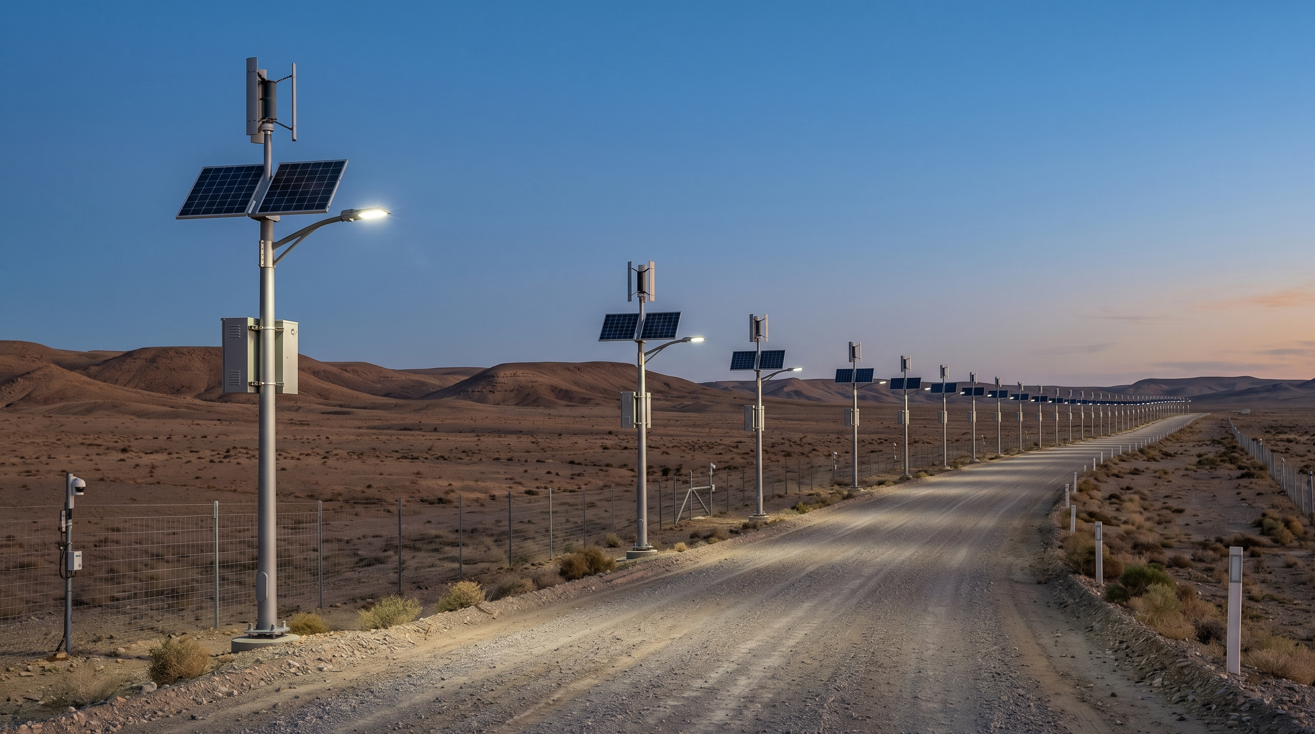 Row of solar-powered streetlights along a desert road at dusk.