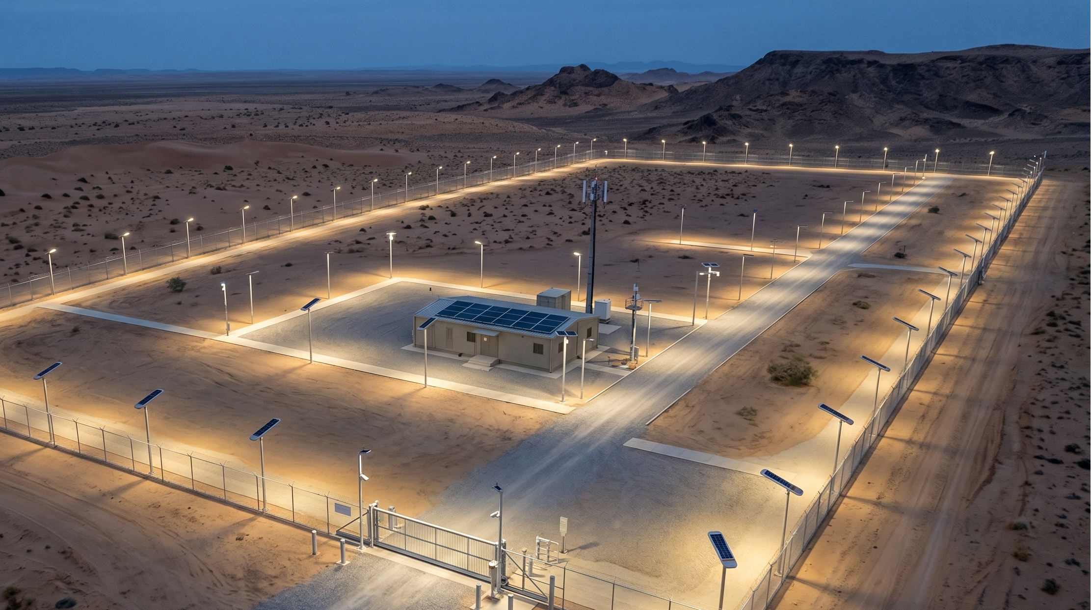 Large fenced area with a building in the middle, illuminated by lights, set against a desert landscape.
