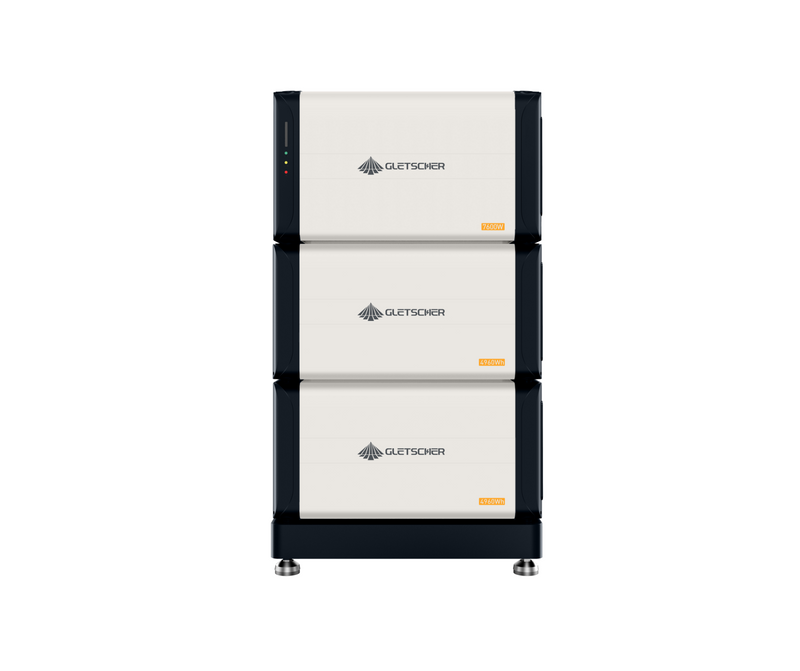 Camper Elite 700 modular powerstation with stackable battery units, 7600W output, 230V system, and compact vertical design