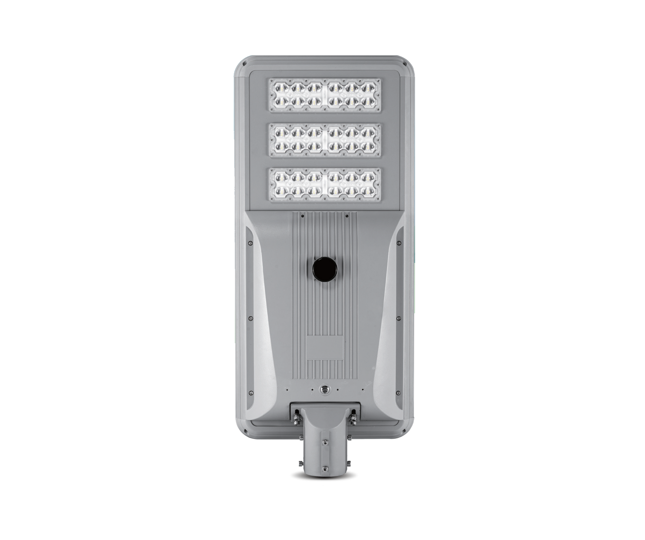 Front view of Gletscher Stellar Series solar street light featuring integrated LED modules and durable aluminum housing, designed for off-grid urban and industrial lighting.