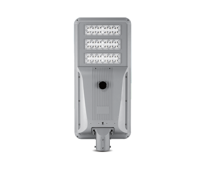 Front view of Gletscher Stellar Series solar street light featuring integrated LED modules and durable aluminum housing, designed for off-grid urban and industrial lighting.