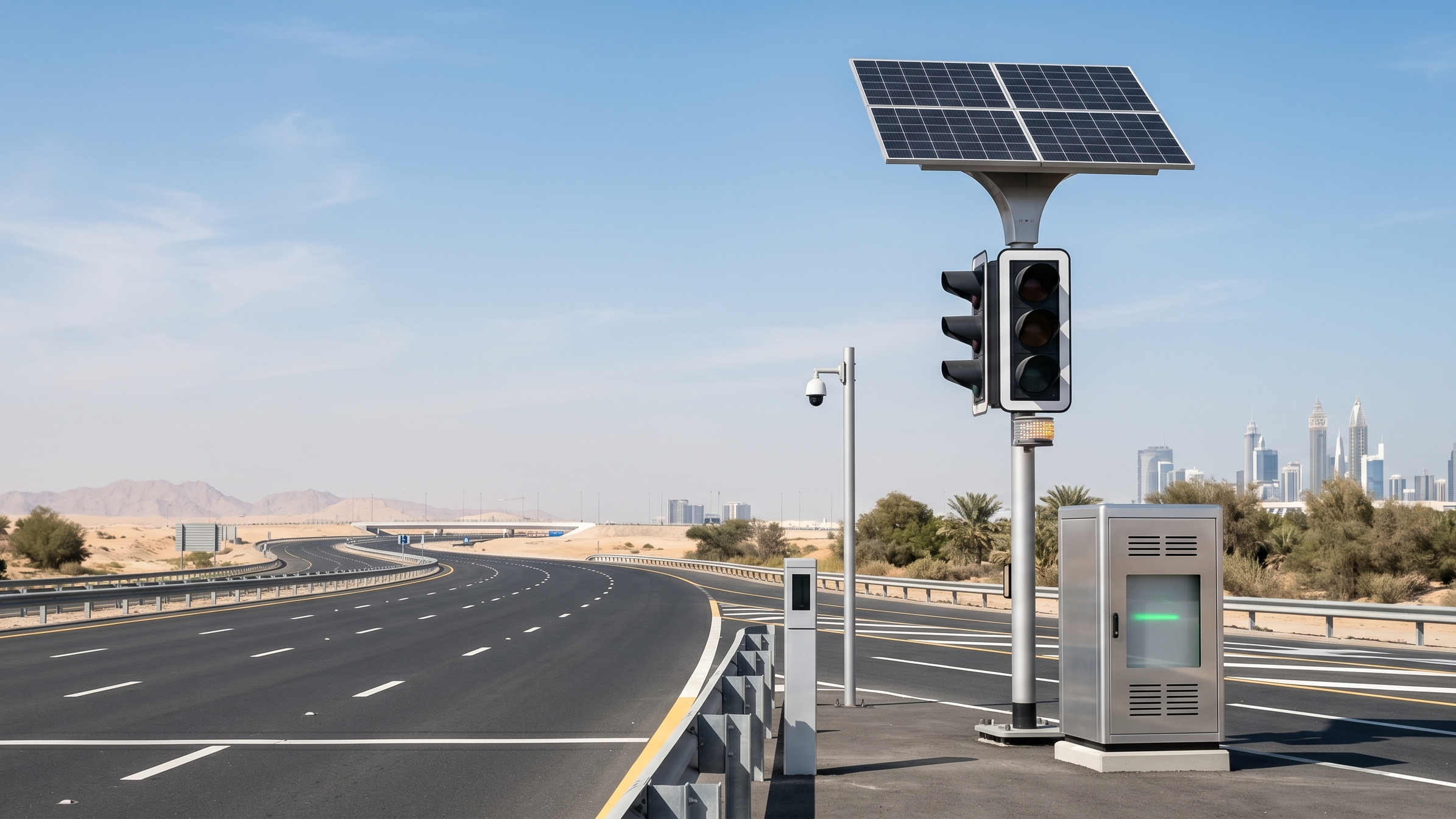 Solar-powered traffic light on a highway with a city skyline in the distance